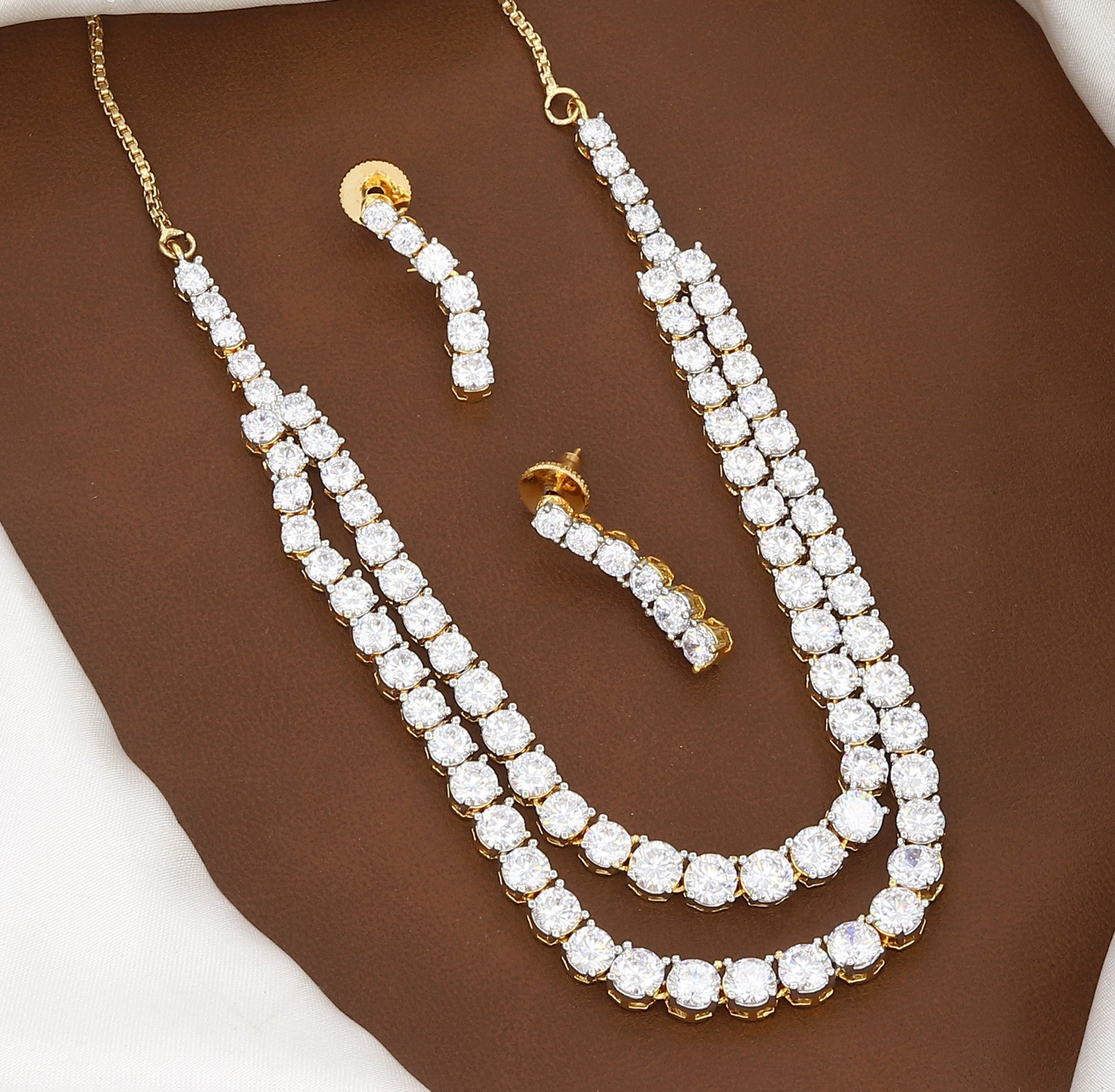 Double Layer American Diamond Necklace Set with Earrings