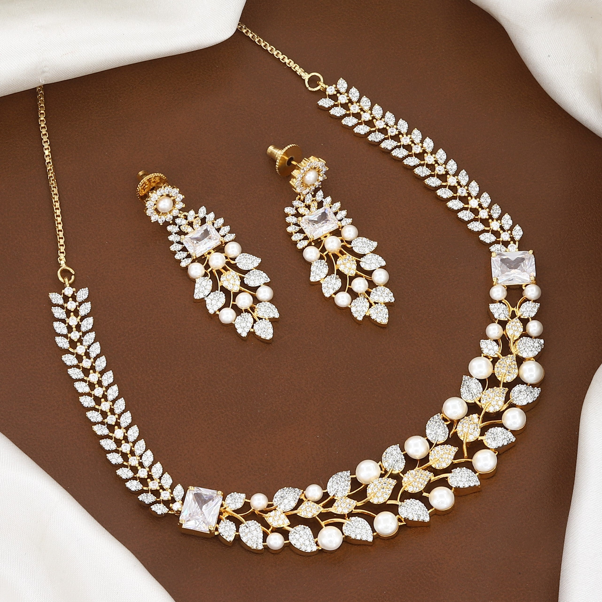 Gold-Plated CZ & Pearl Leaf Diamond Necklace Set