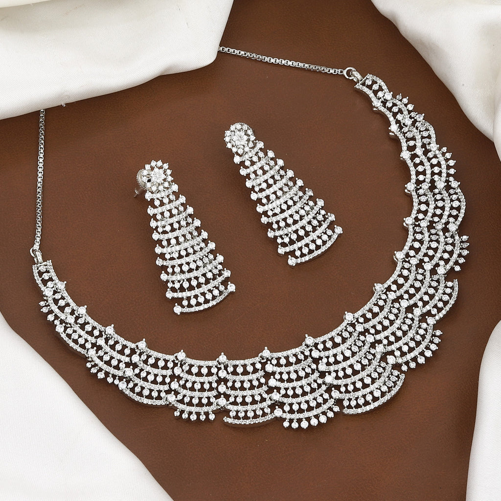 Elegant Silver American Diamond Necklace Set with Earrings