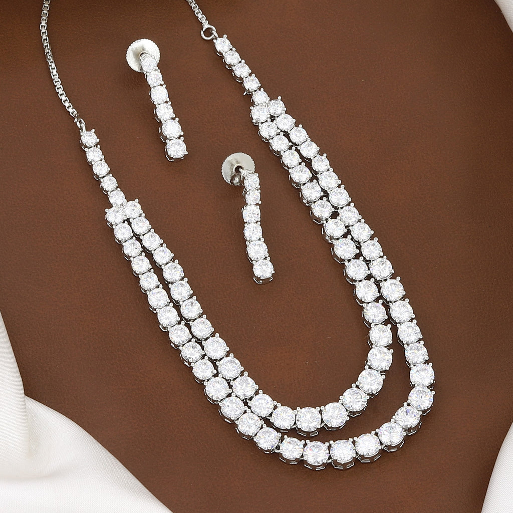 Silverpolished Double Layer American Diamond Necklace Set with Earrings