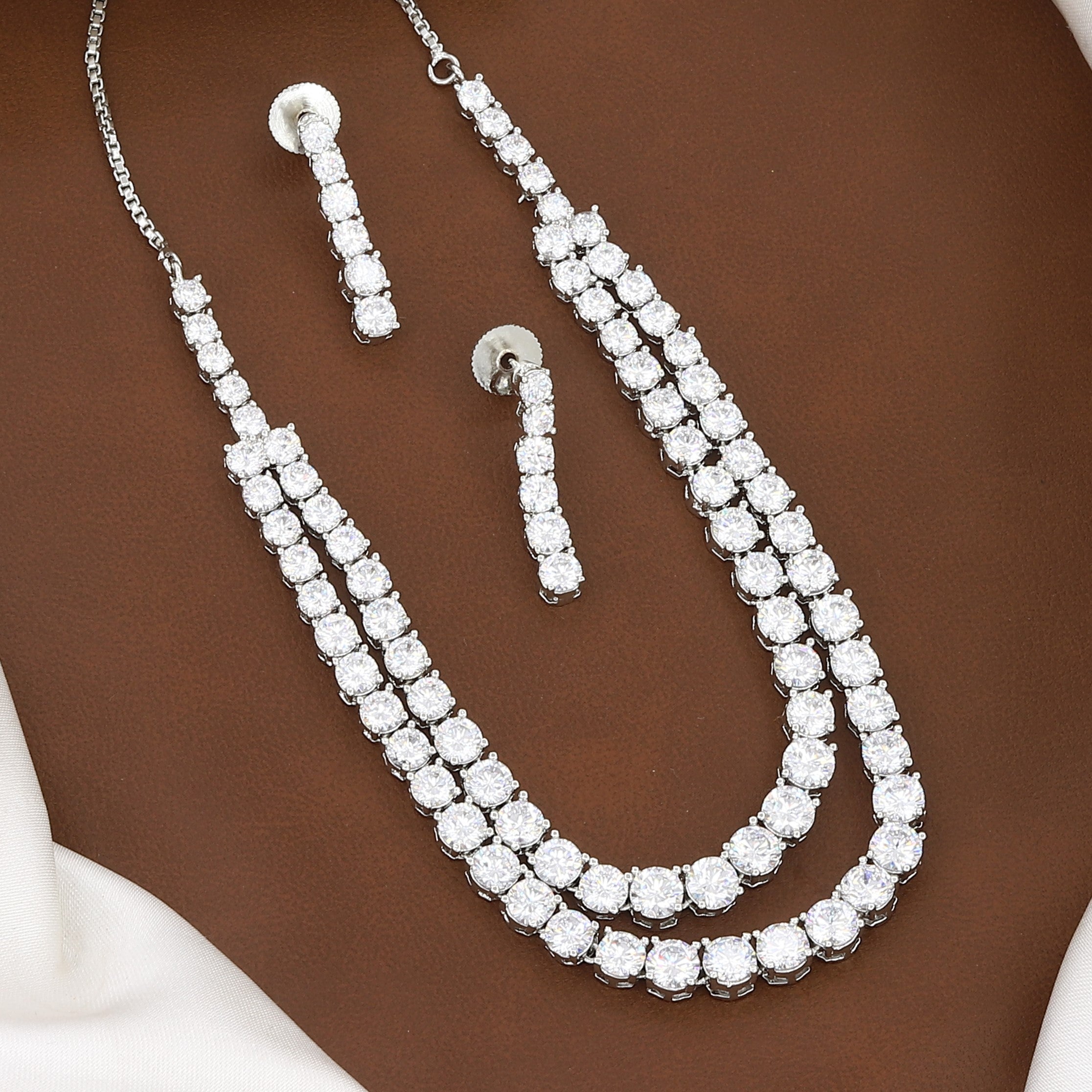 Silverpolished Double Layer American Diamond Necklace Set with Earrings