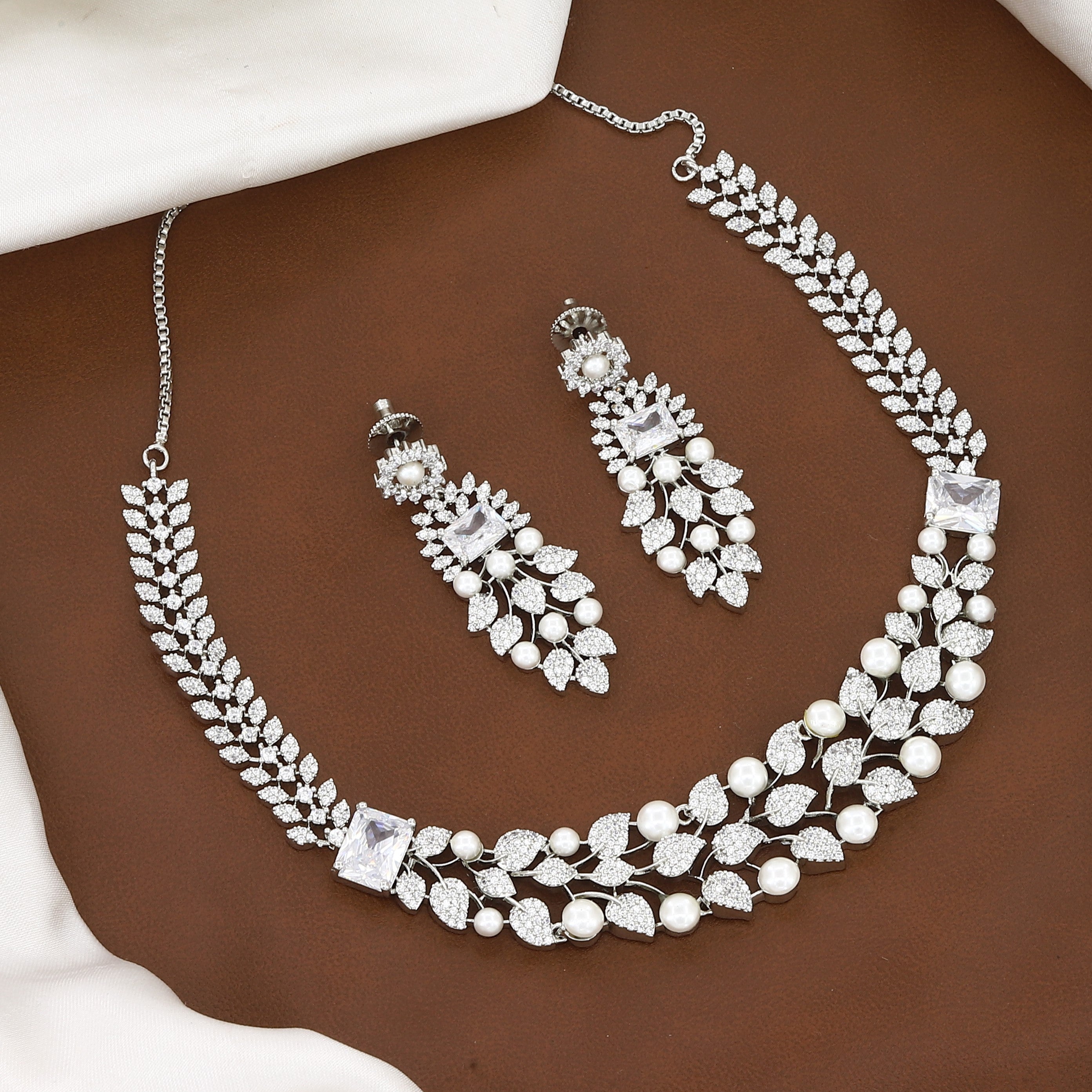 Silver Plated CZ & Pearl Leaf Diamond Necklace Set