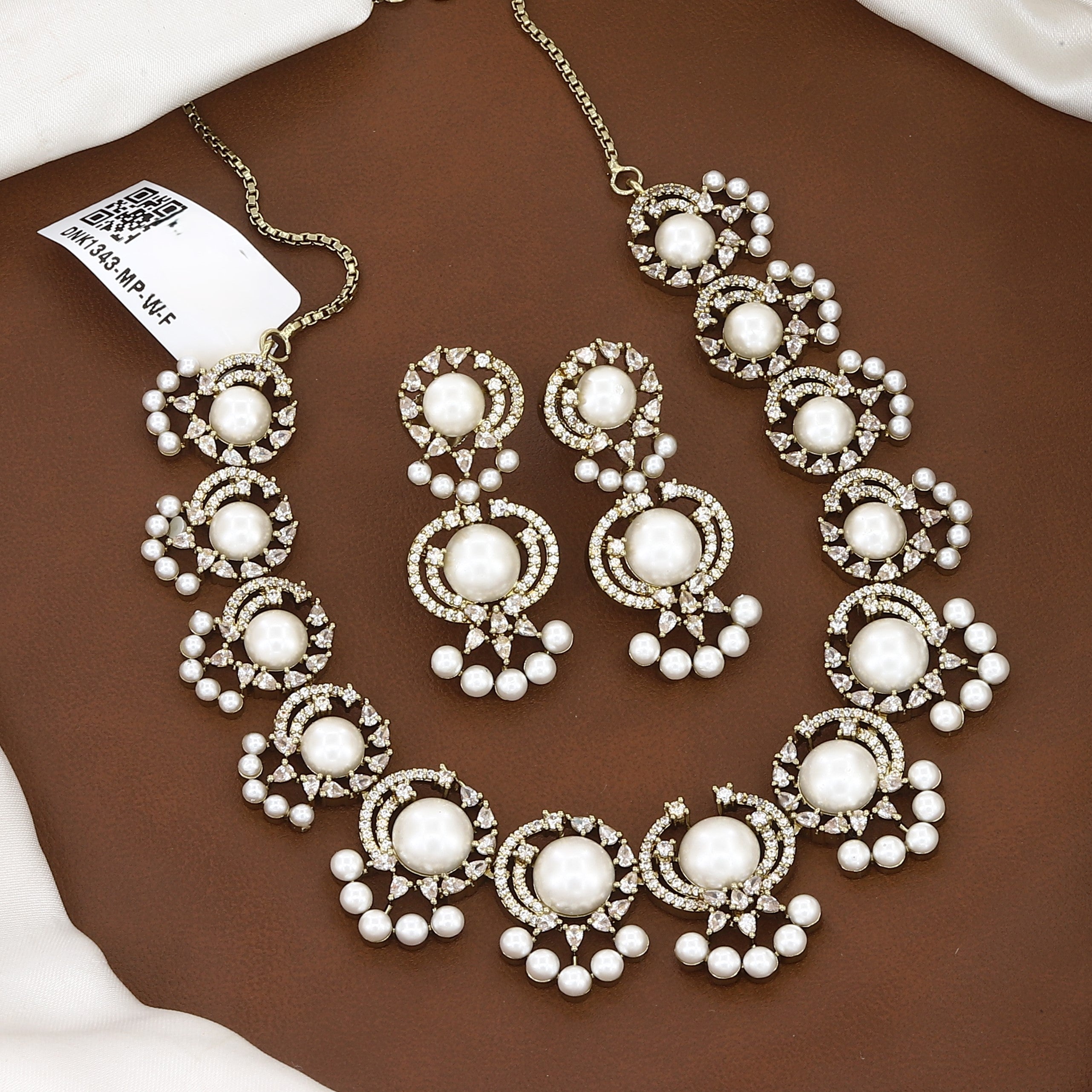 Mehndi Polished Pearl & American Diamond Necklace Set with Earrings
