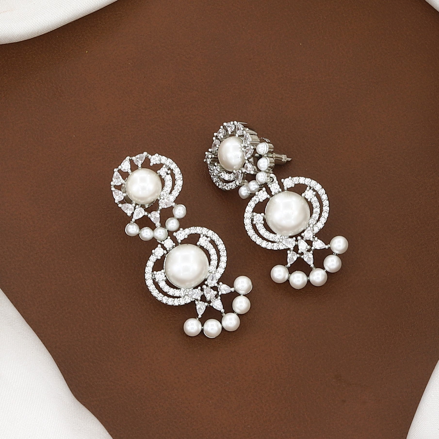 Silver Polished Pearl & American Diamond Necklace Set with Earrings