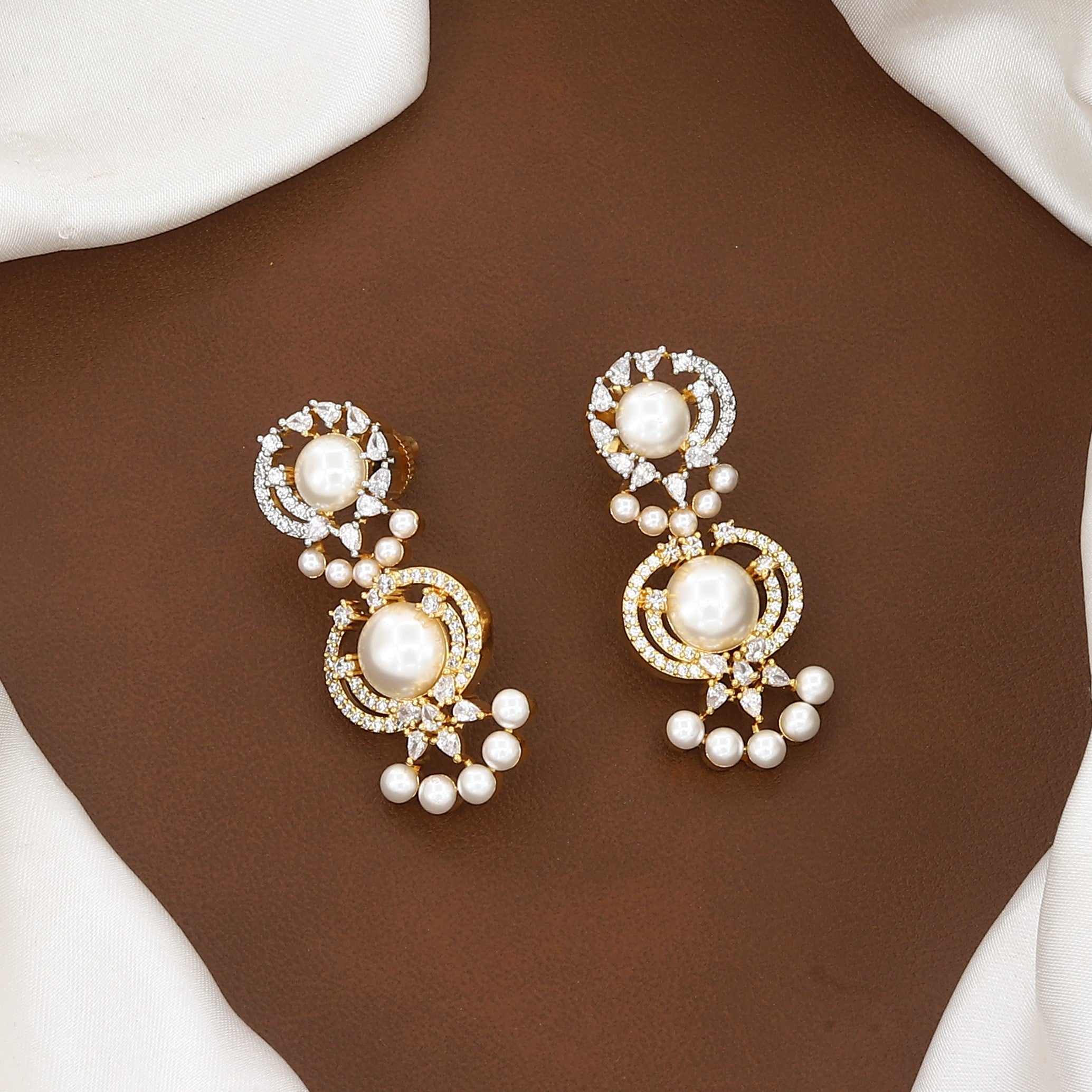 Gold Polished Pearl & American Diamond Necklace Set with Earrings