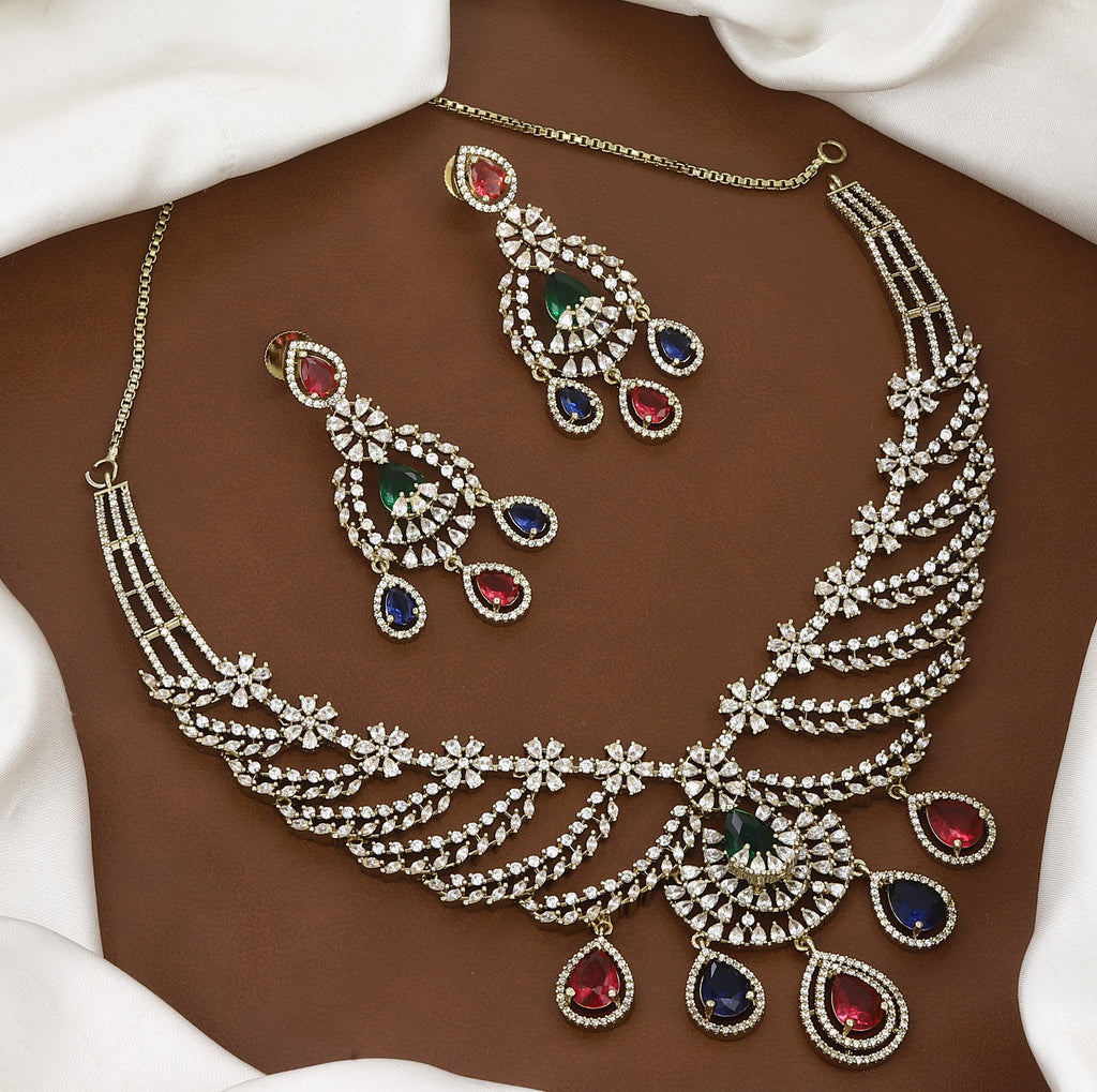 Multicolor CZ Diamond Necklace & Chandelier Earrings Set