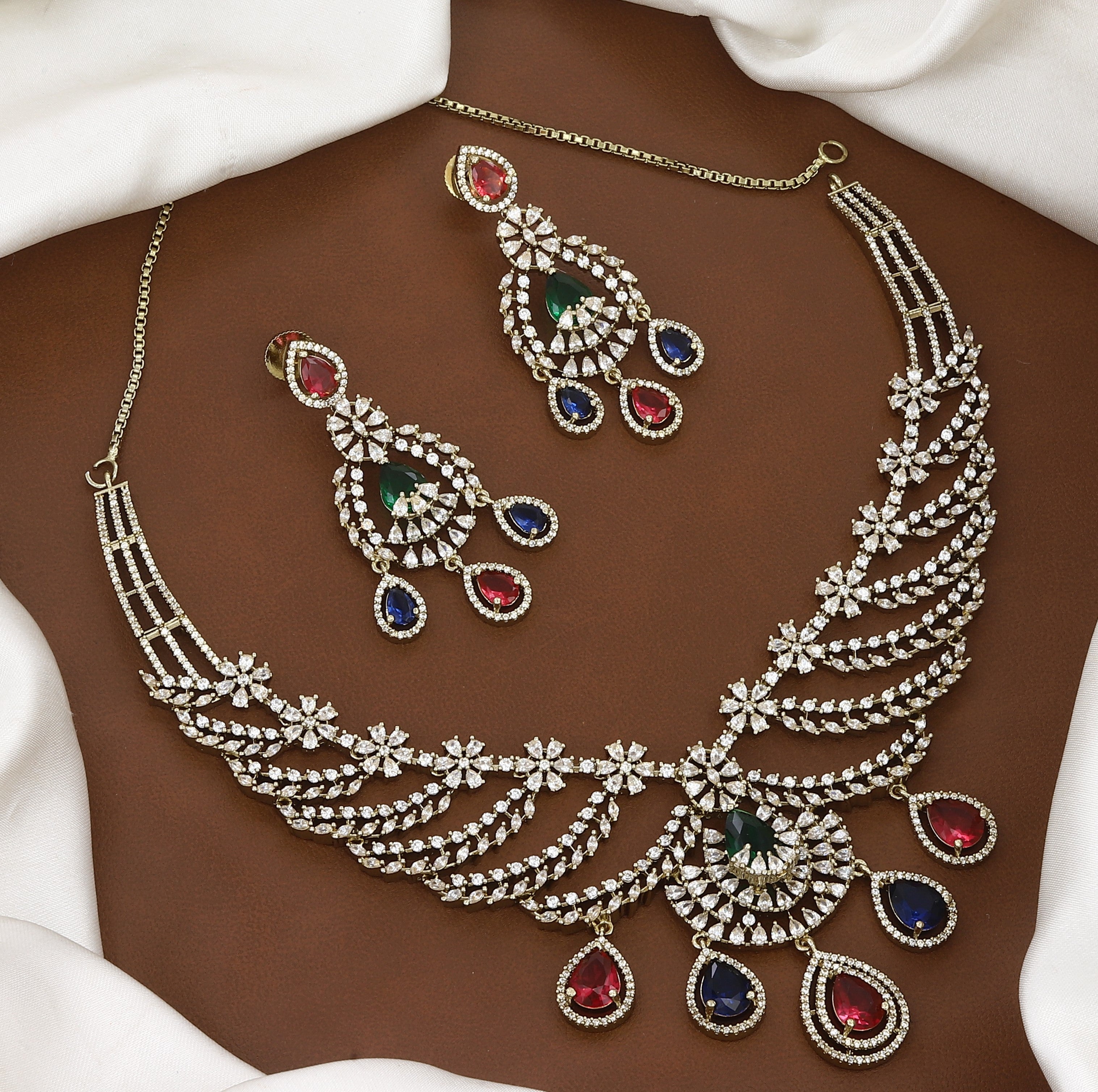 Multicolor CZ Diamond Necklace & Chandelier Earrings Set