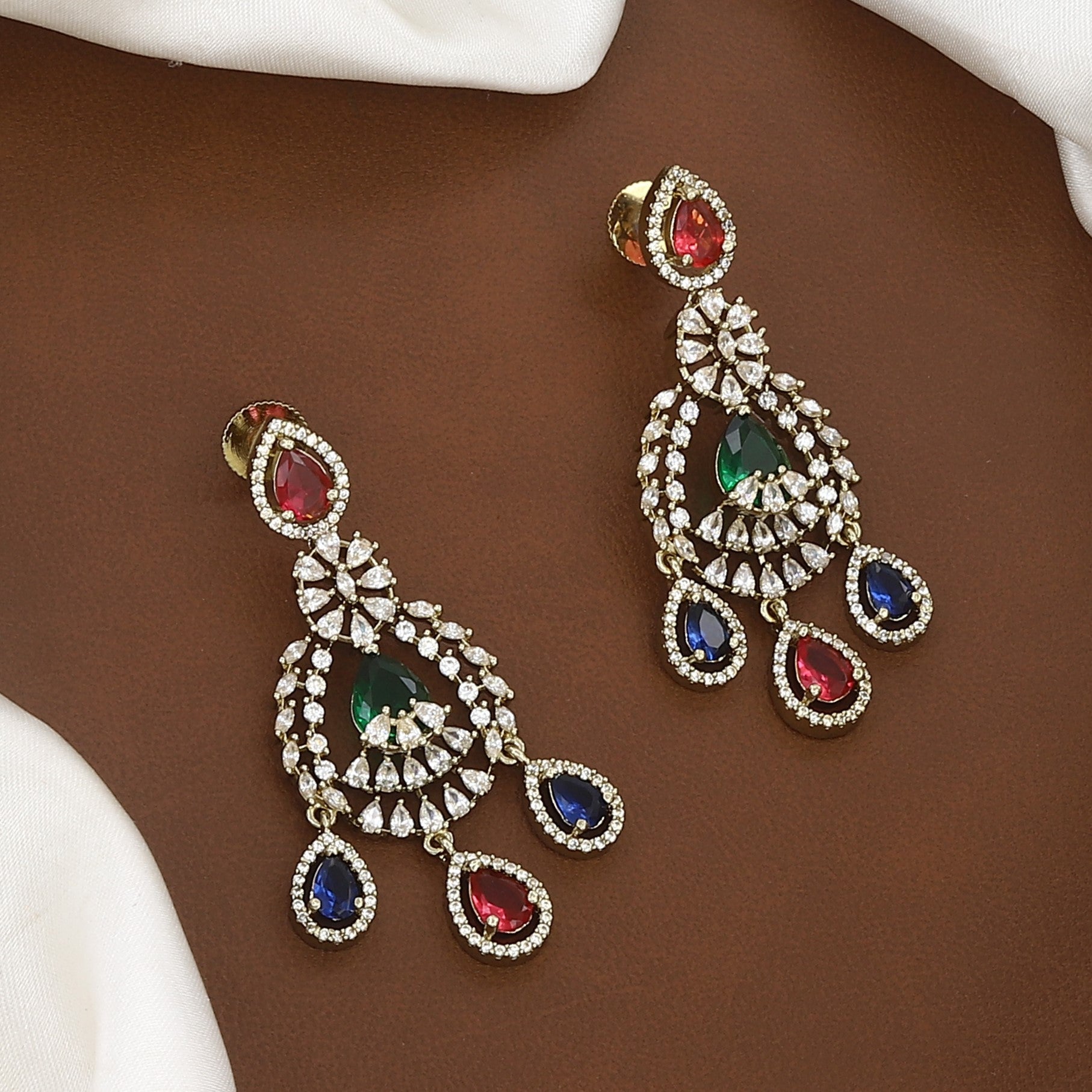 Multicolor CZ Diamond Necklace & Chandelier Earrings Set