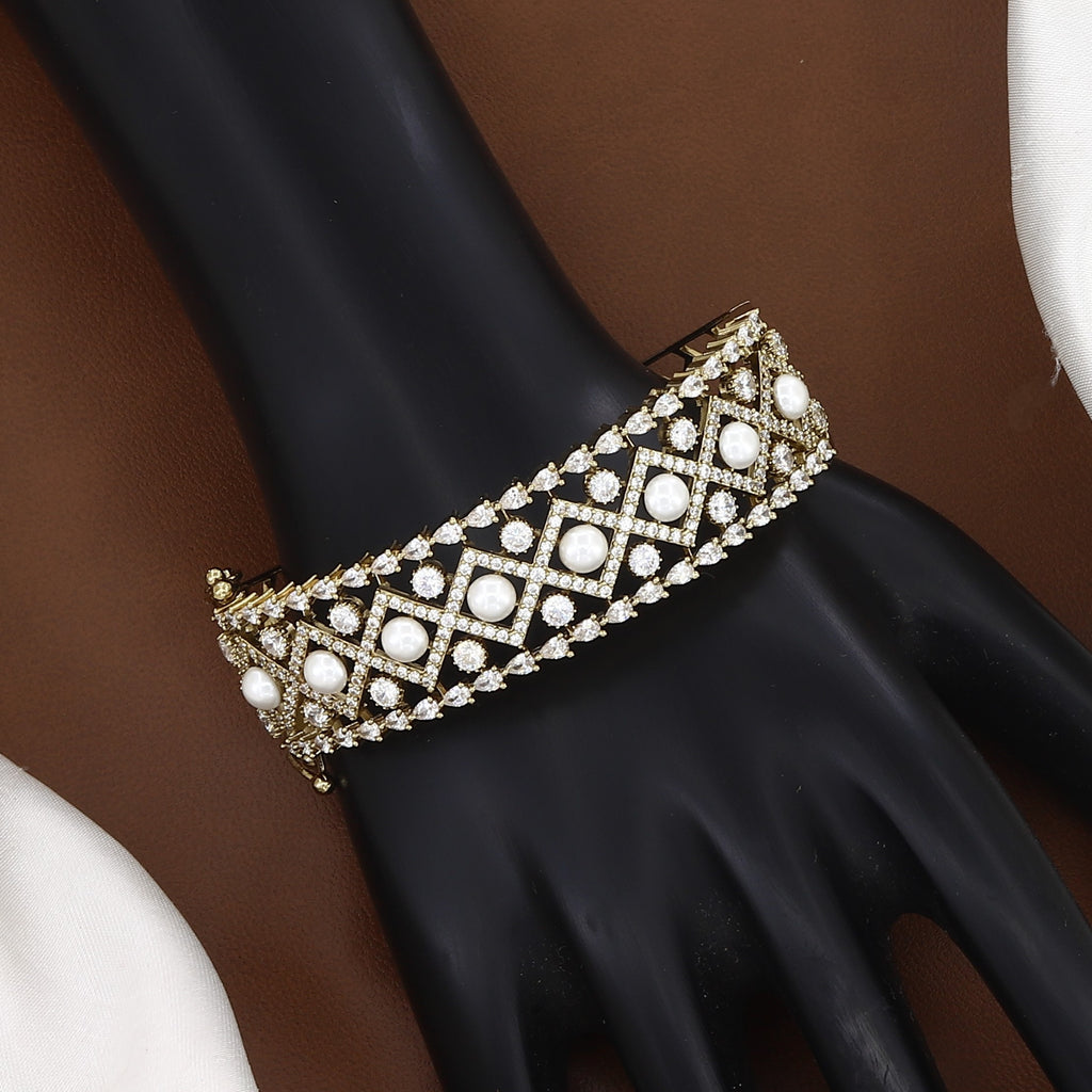 Lattice Pearl & Stone-Embellished Mehndi Finish Bangle Bracelet