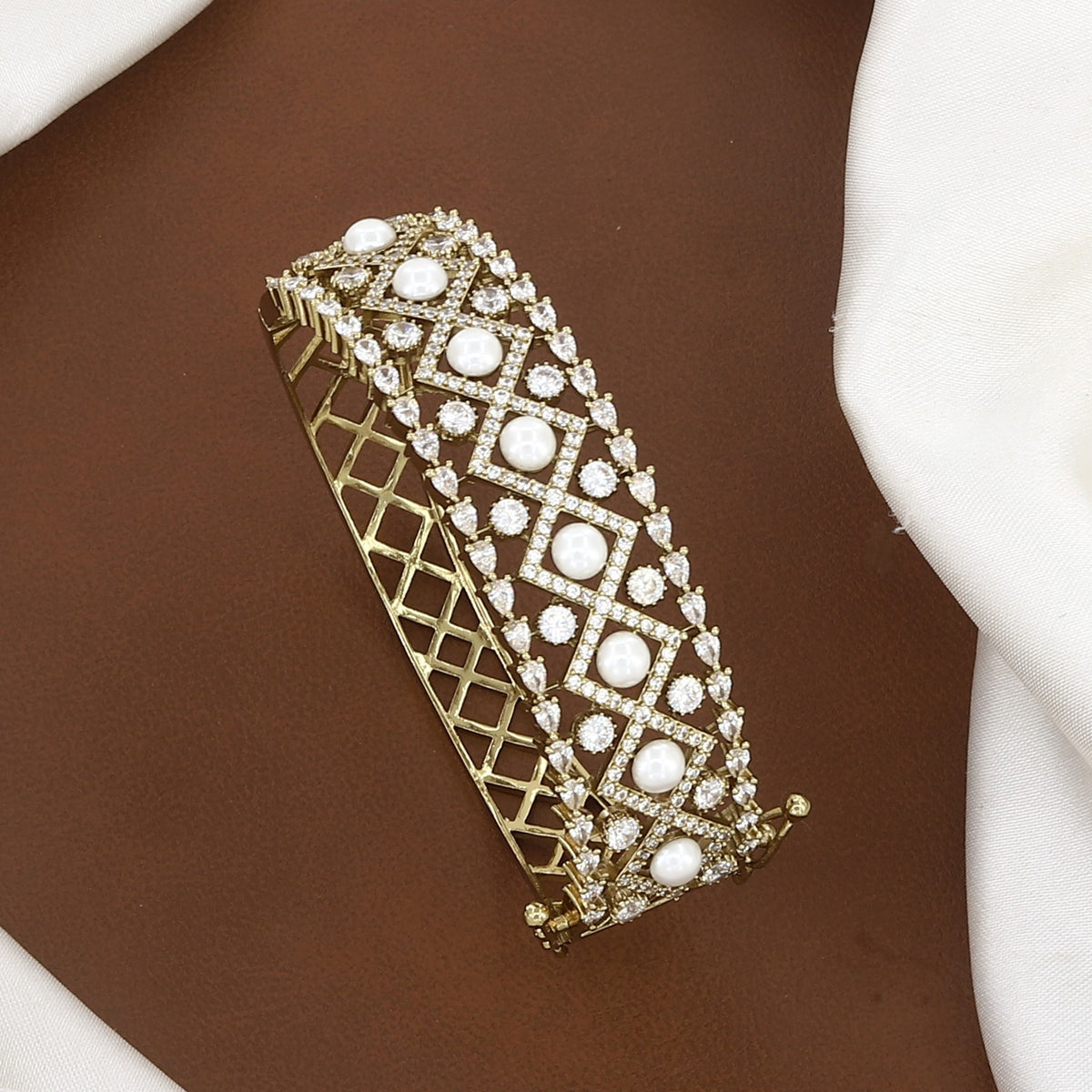 Lattice Pearl & Stone-Embellished Mehndi Finish Bangle Bracelet