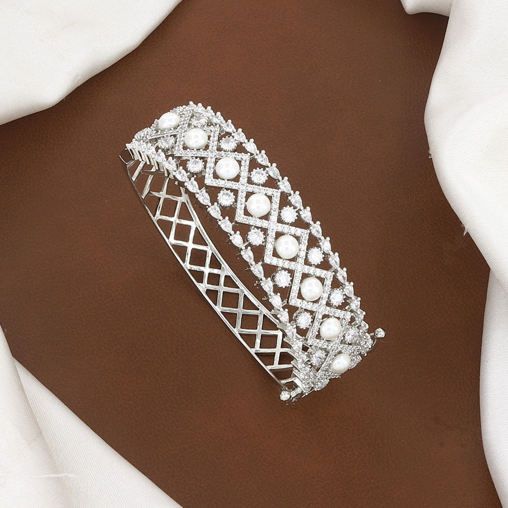 Lattice Pearl & Stone-Embellished Silver Finish Bangle Bracelet