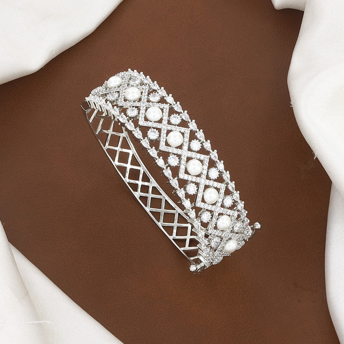 Lattice Pearl & Stone-Embellished Silver Finish Bangle Bracelet