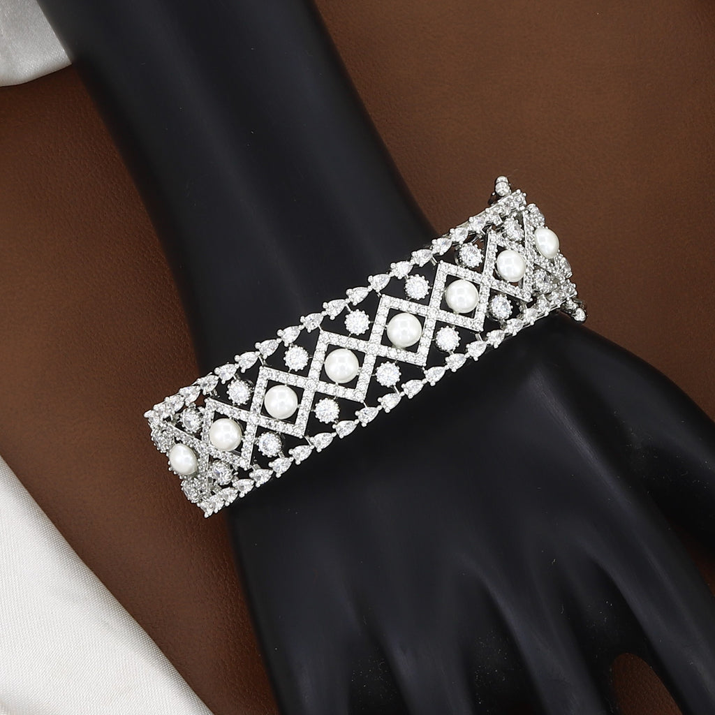 Lattice Pearl & Stone-Embellished Silver Finish Bangle Bracelet