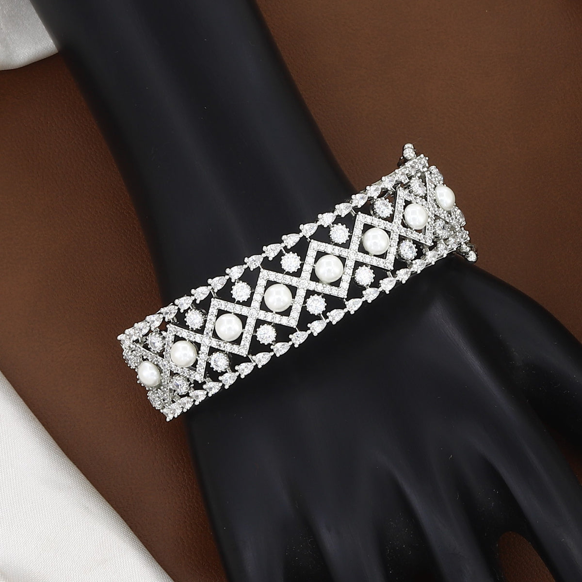 Lattice Pearl & Stone-Embellished Silver Finish Bangle Bracelet