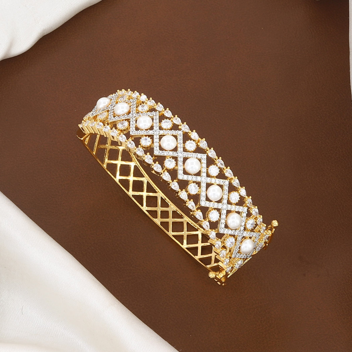 Lattice Pearl & Stone-Embellished Gold Finish Bangle Bracelet