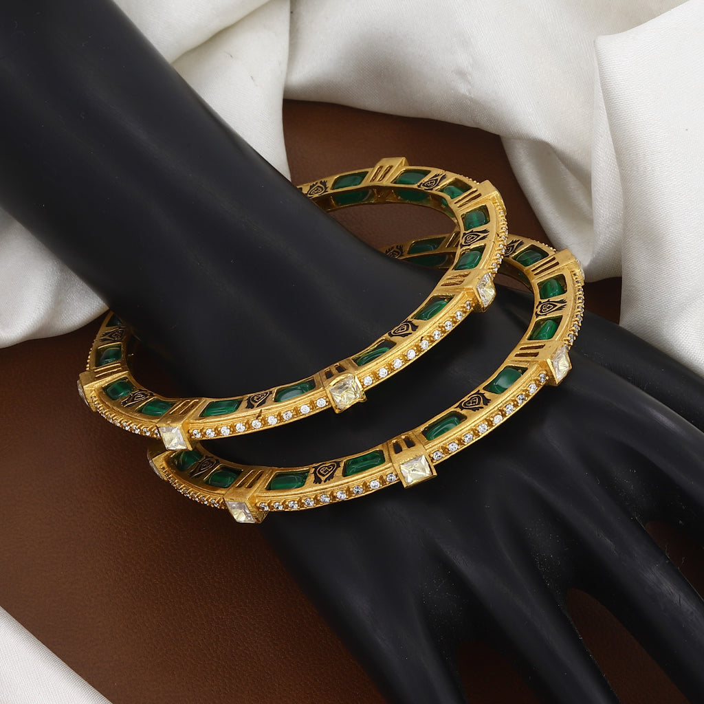 Set of 2 Traditional Green Emerald Stone Gold-Plated Patla Bangles Set
