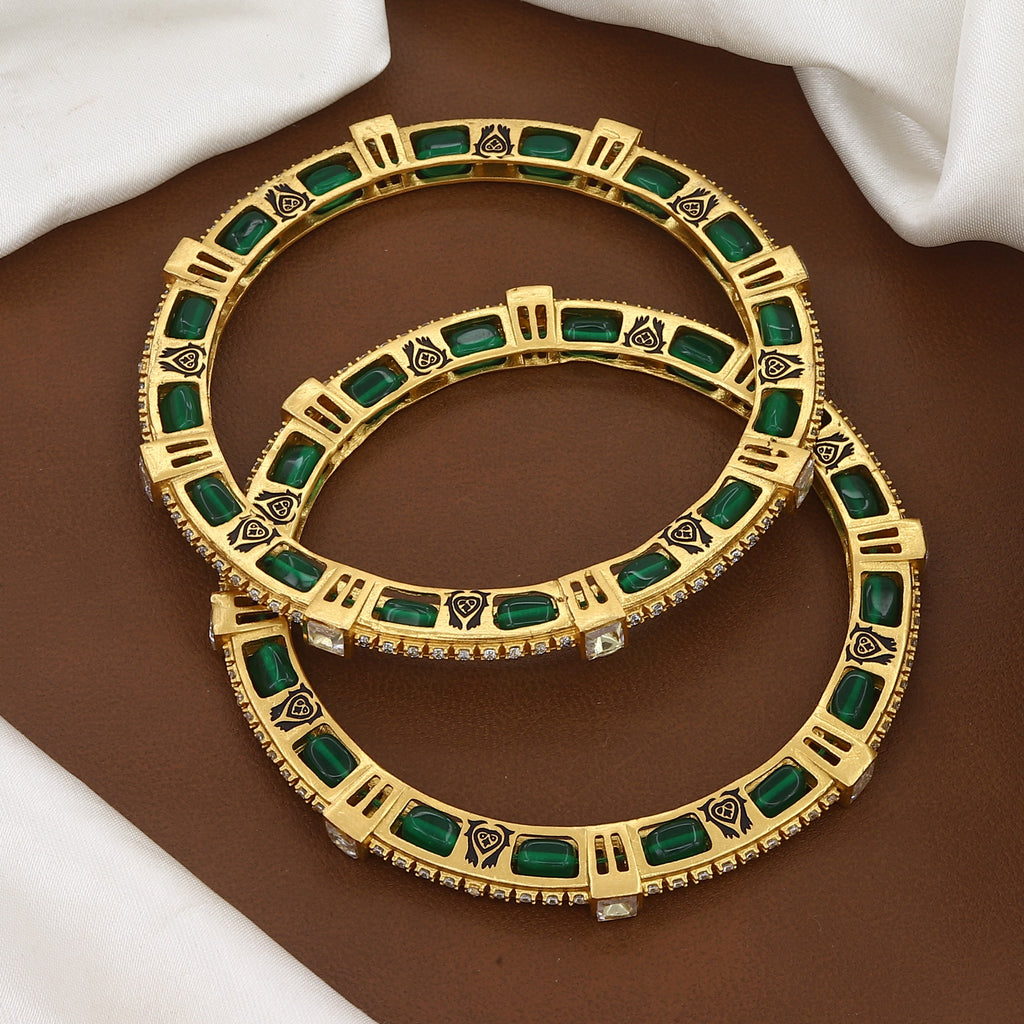 Set of 2 Traditional Green Emerald Stone Gold-Plated Patla Bangles Set