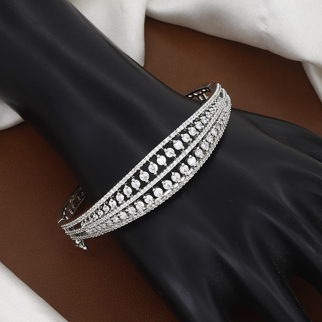 Multi-Row Diamond Silver Polished Finish Bangle Bracelet