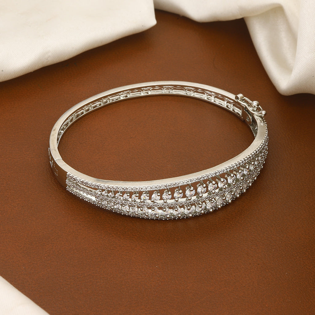 Multi-Row Diamond Silver Polished Finish Bangle Bracelet