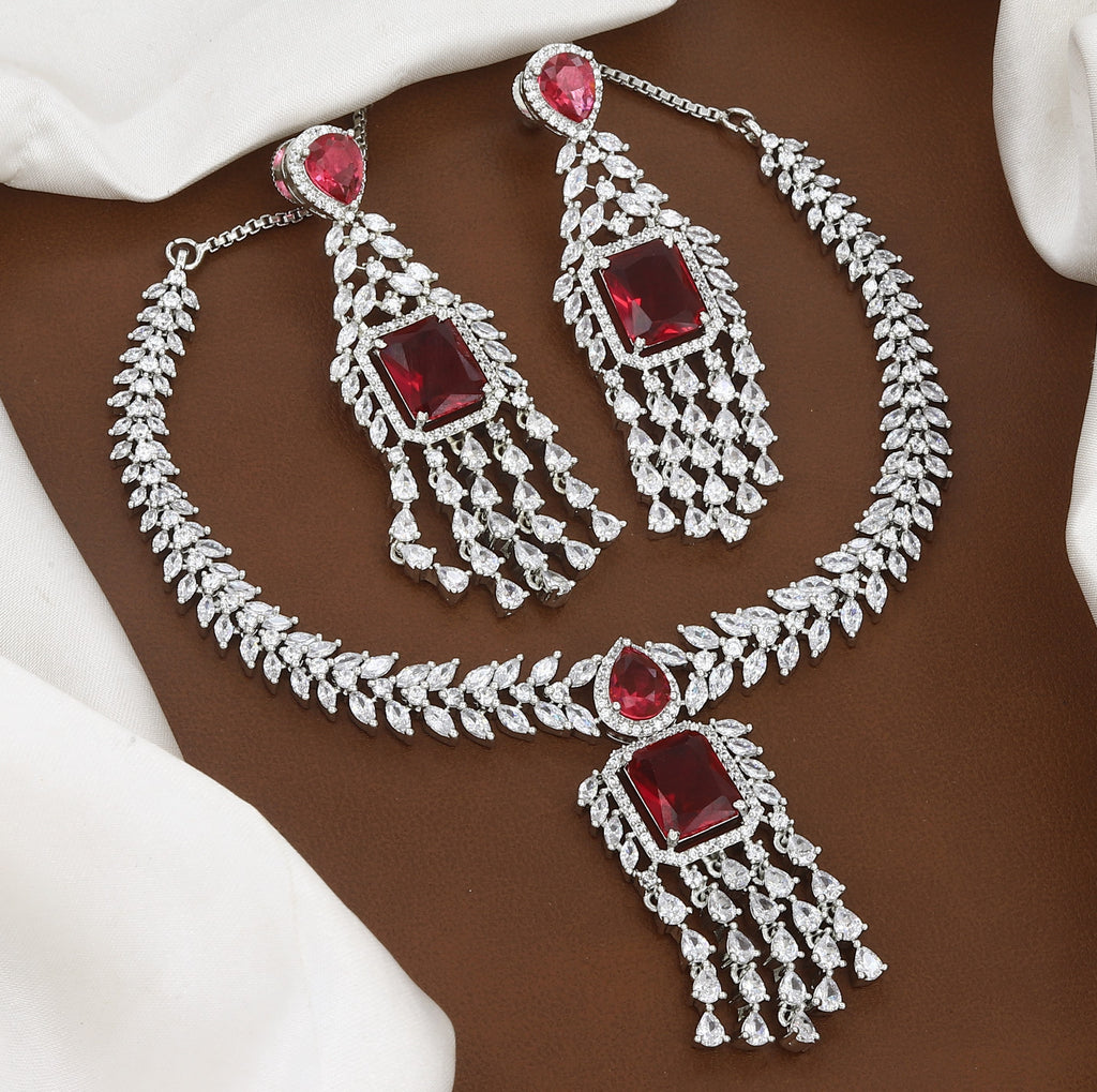 Silver Polished American Diamond Necklace Set with Earrings