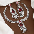 Silver Polished American Diamond Necklace Set with Earrings