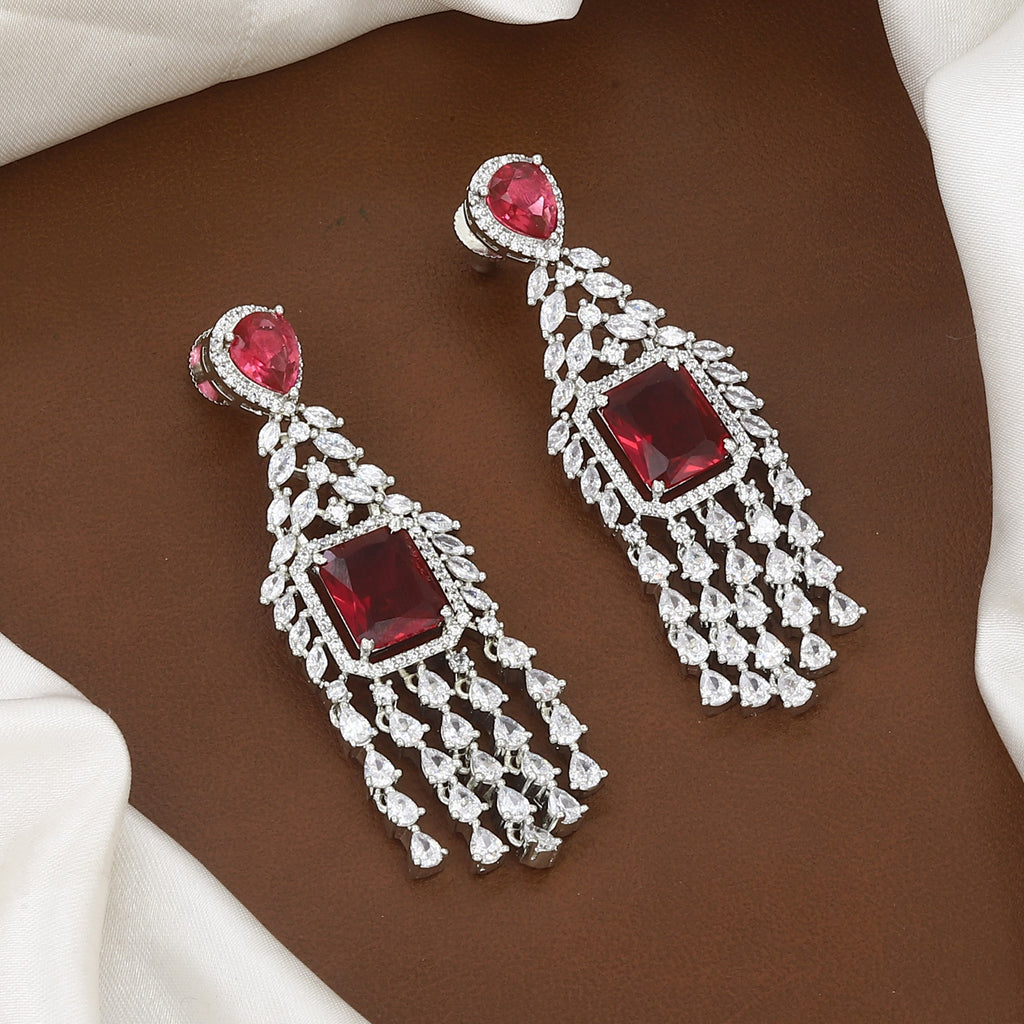 Silver Polished American Diamond Necklace Set with Earrings