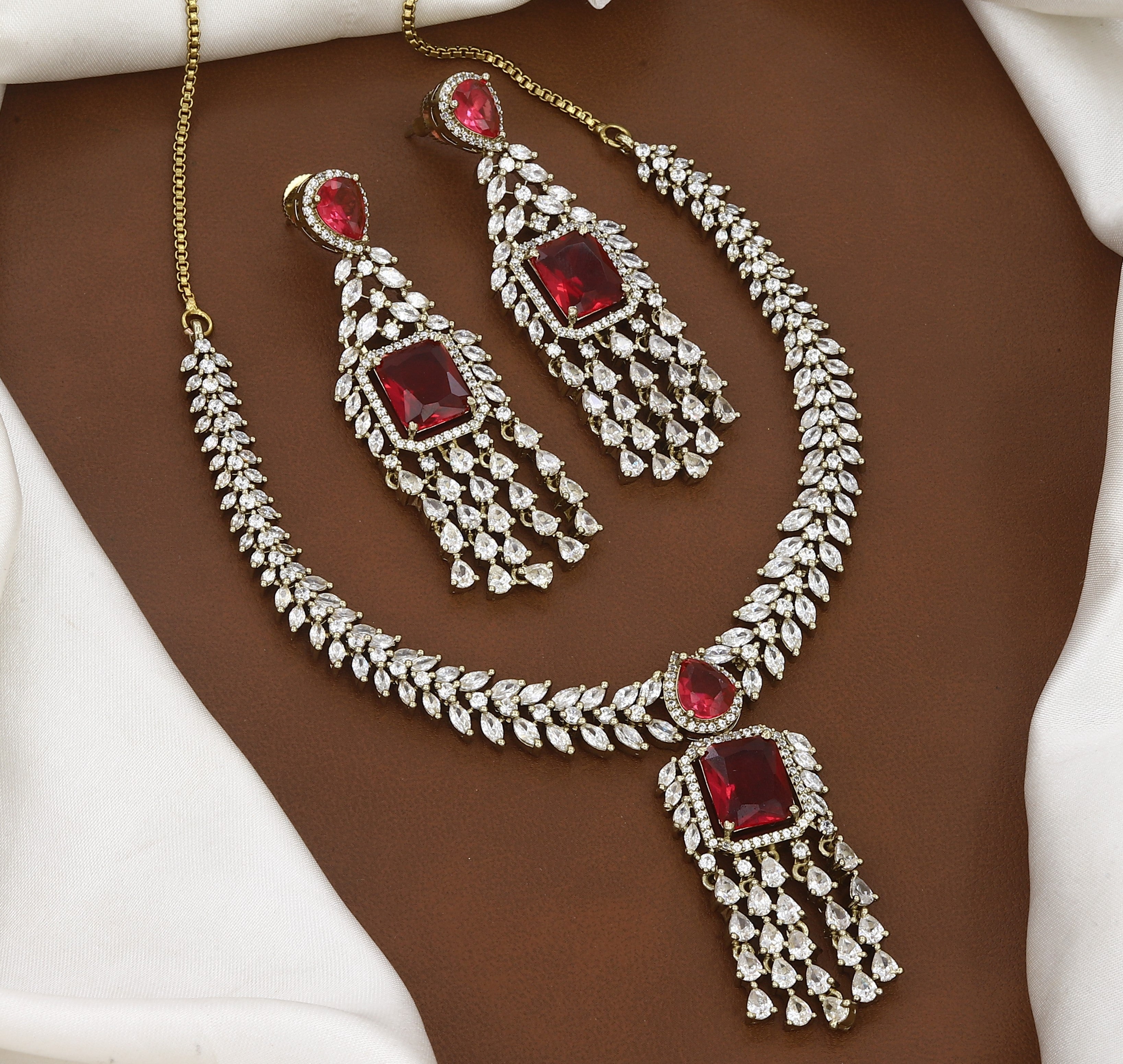 Mehndi Polished American Diamond Necklace Set with Earrings
