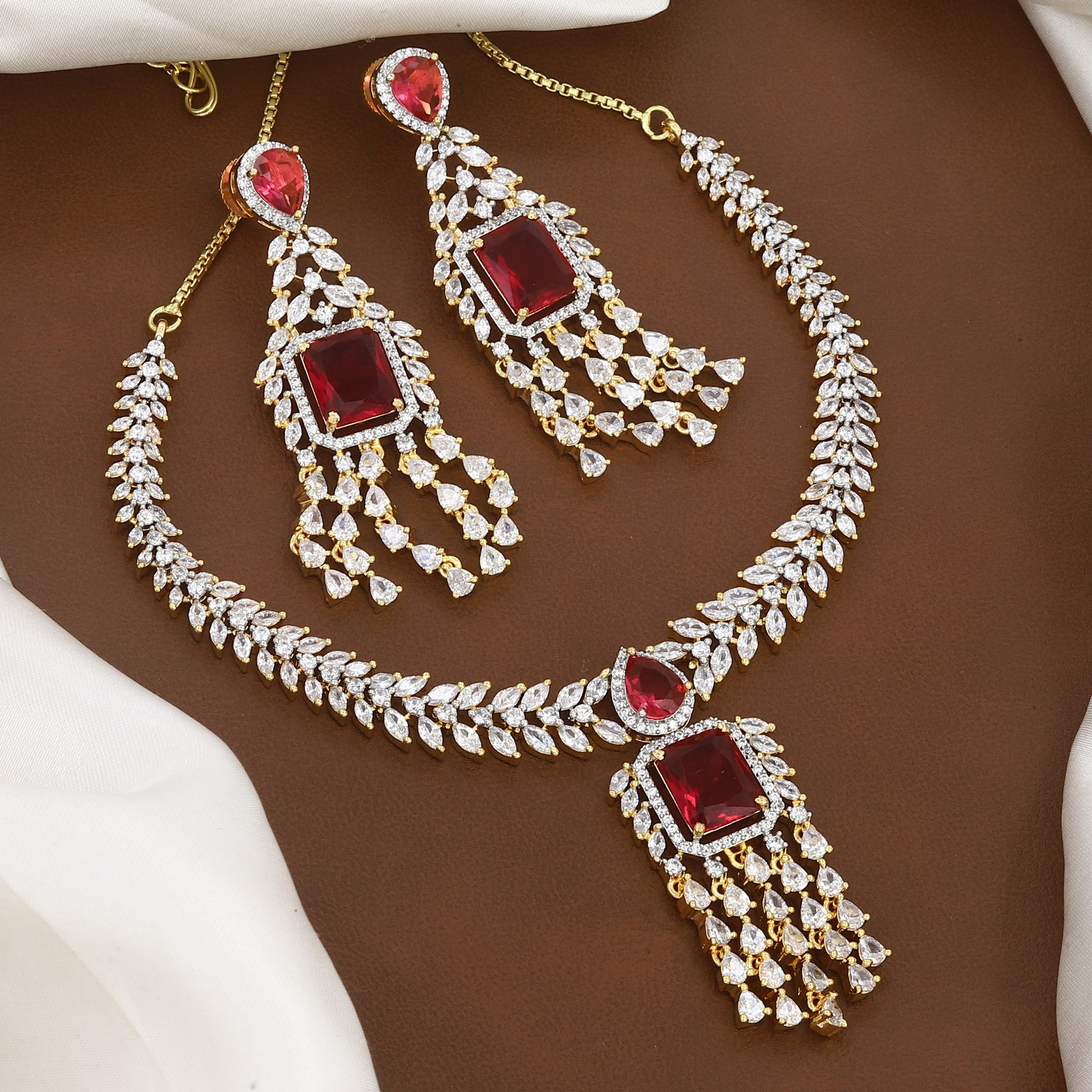Golden Polished American Diamond Necklace Set with Earrings