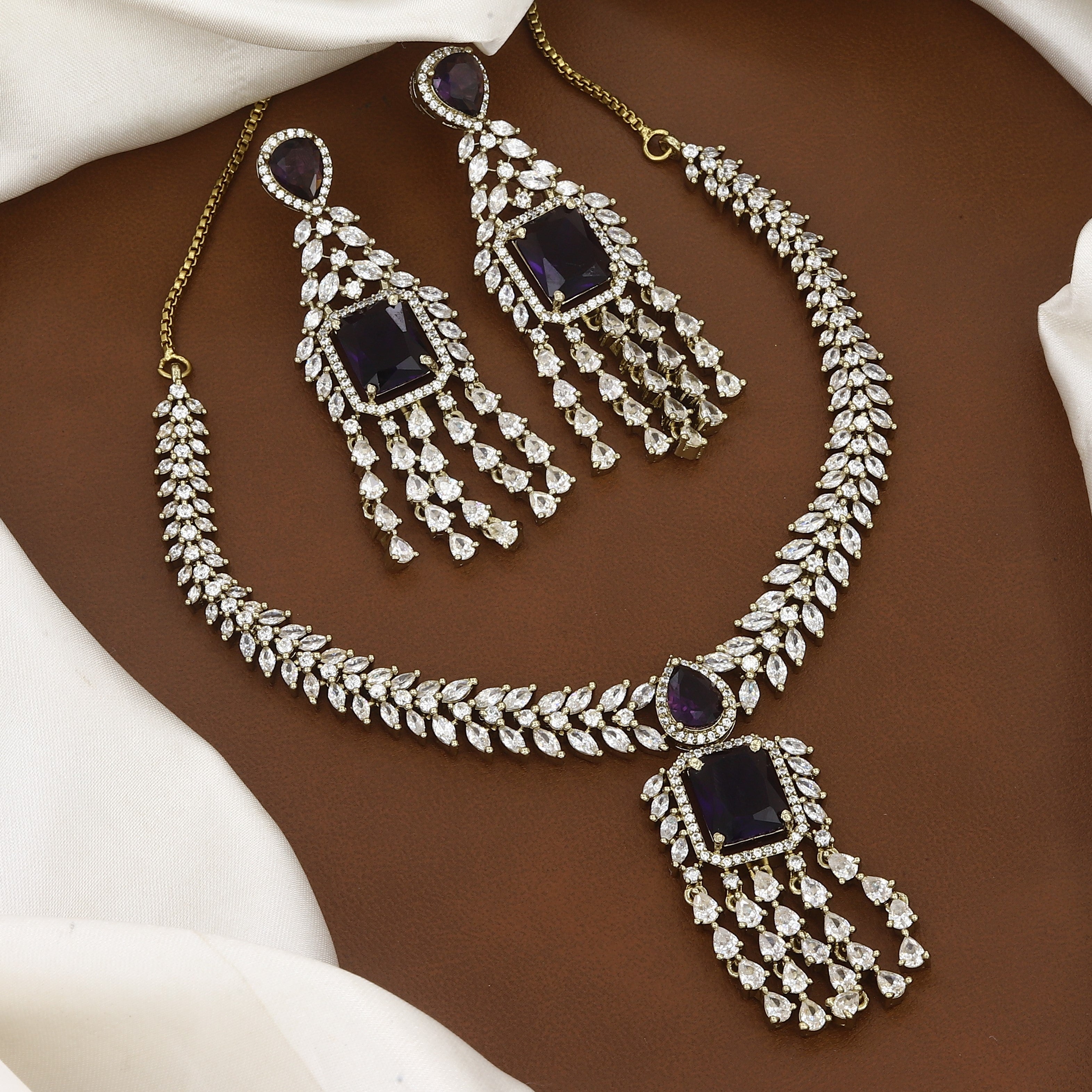 Mehndi Polished American Diamond Necklace Set with Earrings