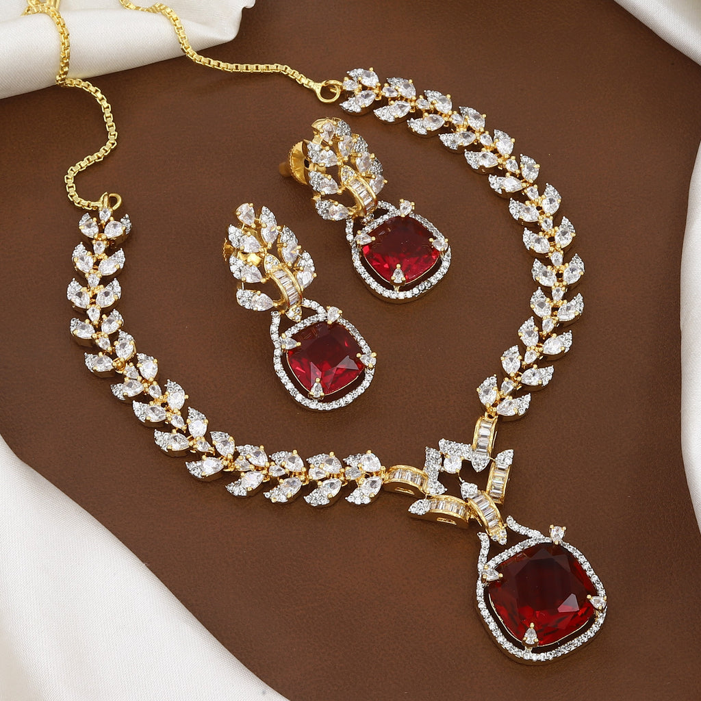 Emerald Stone & CZ Leaf Design Necklace Set with Earrings
