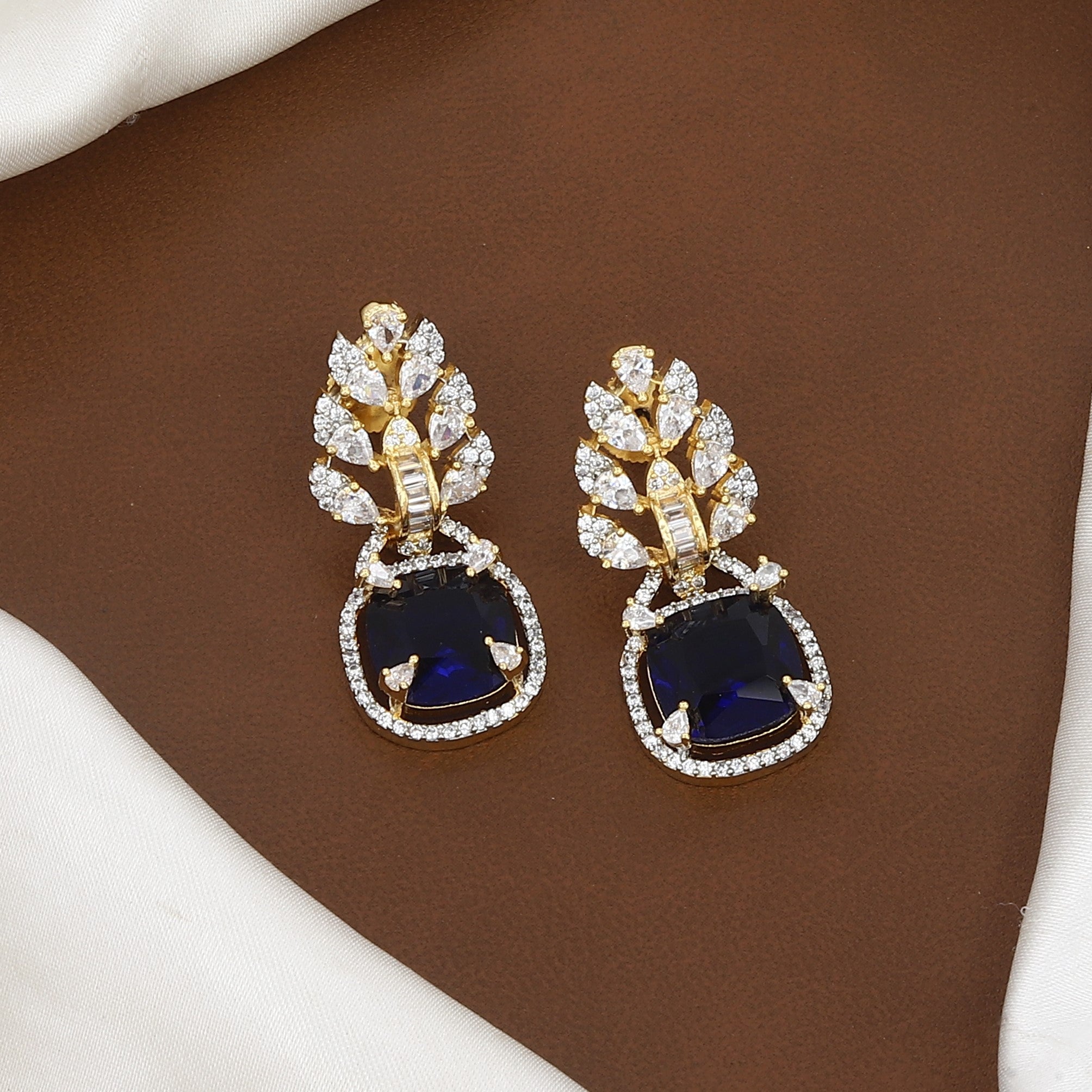 Emerald Stone & CZ Leaf Design Necklace Set with Earrings