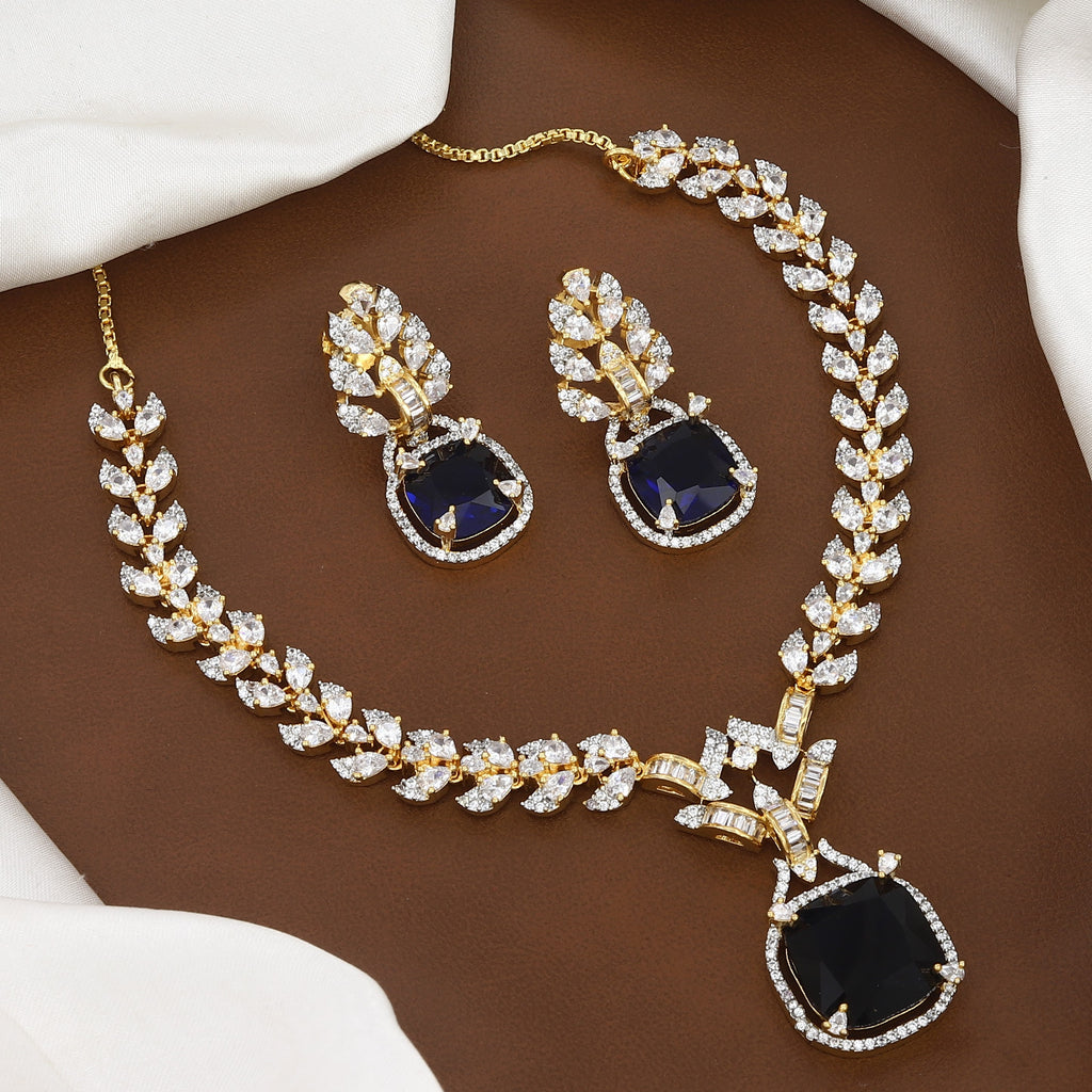 Emerald Stone & CZ Leaf Design Necklace Set with Earrings