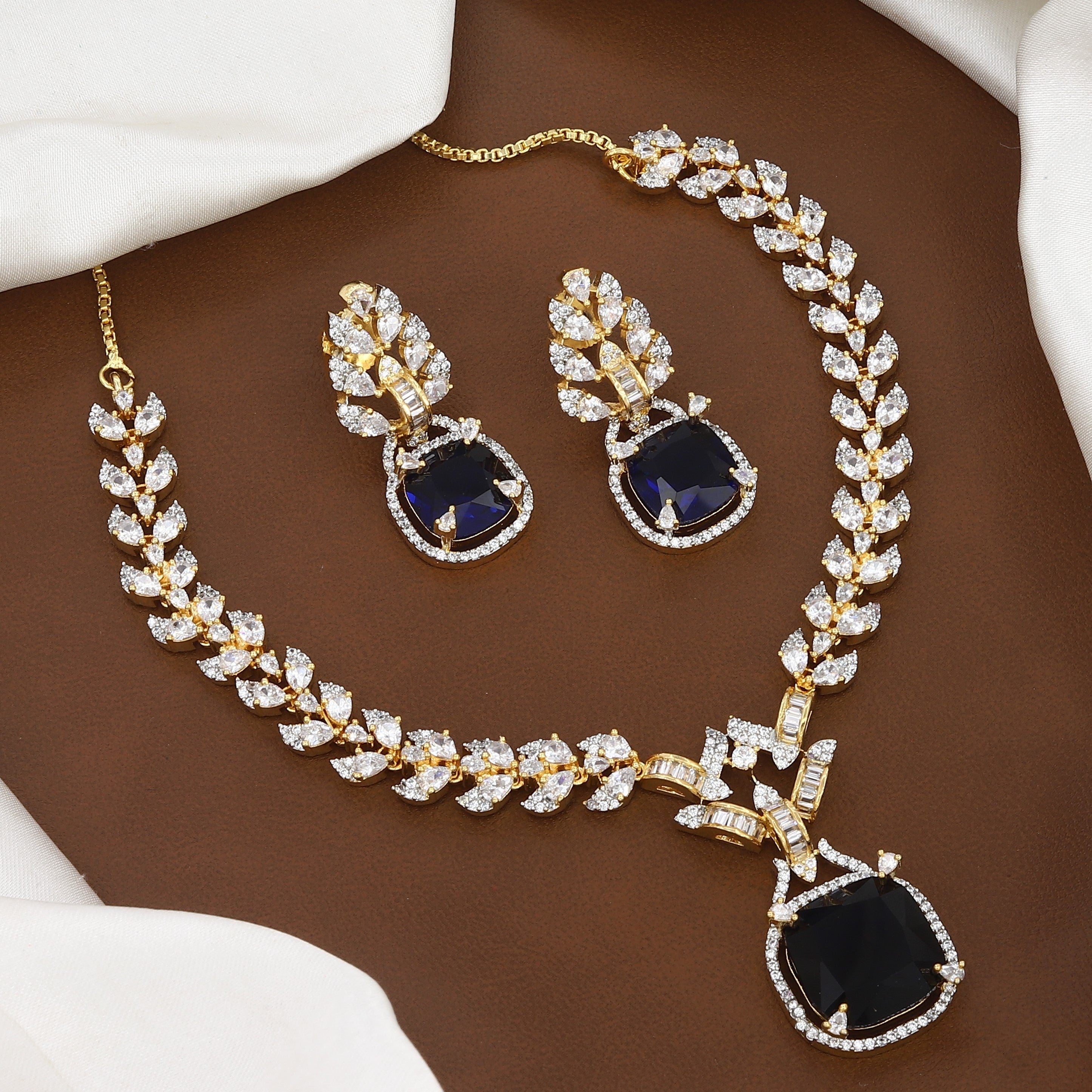 Emerald Stone & CZ Leaf Design Necklace Set with Earrings