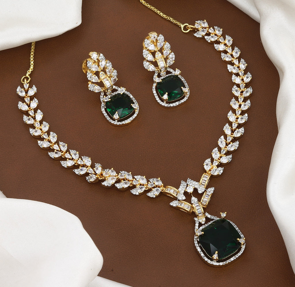 Emerald Stone & CZ Leaf Design Necklace Set with Earrings