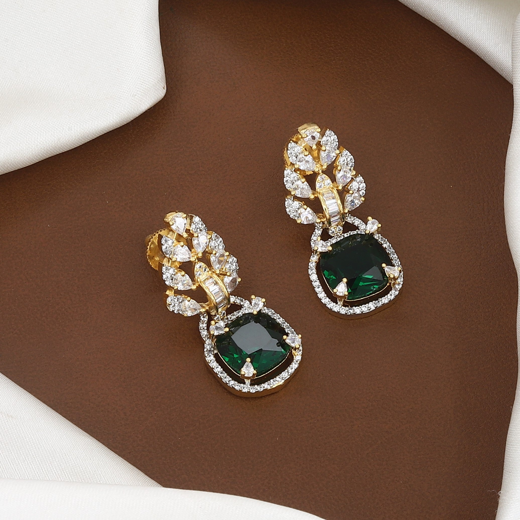 Emerald Stone & CZ Leaf Design Necklace Set with Earrings