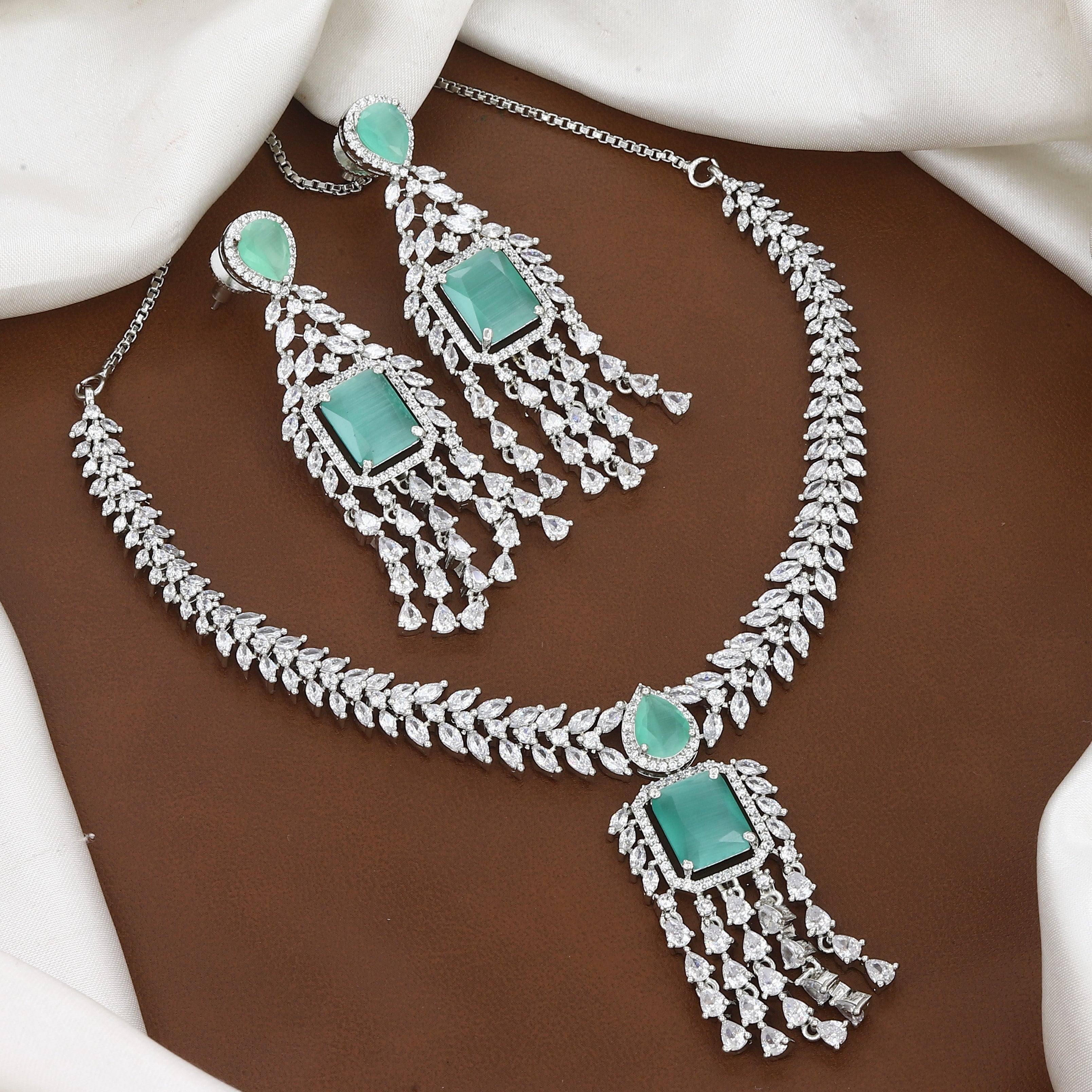 Silver Polished American Diamond Necklace Set with Earrings