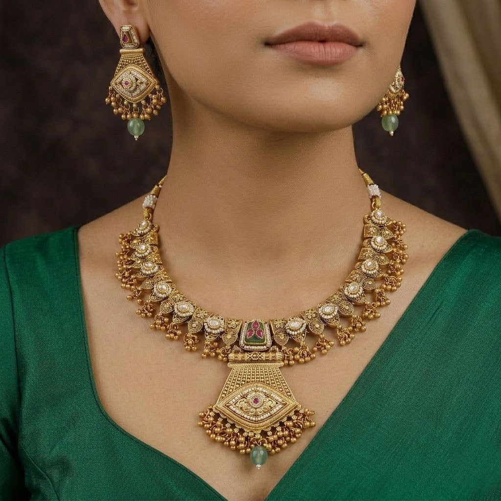 Antique Gold Toned Necklace Set with Ruby, Kundan, and Green Stone