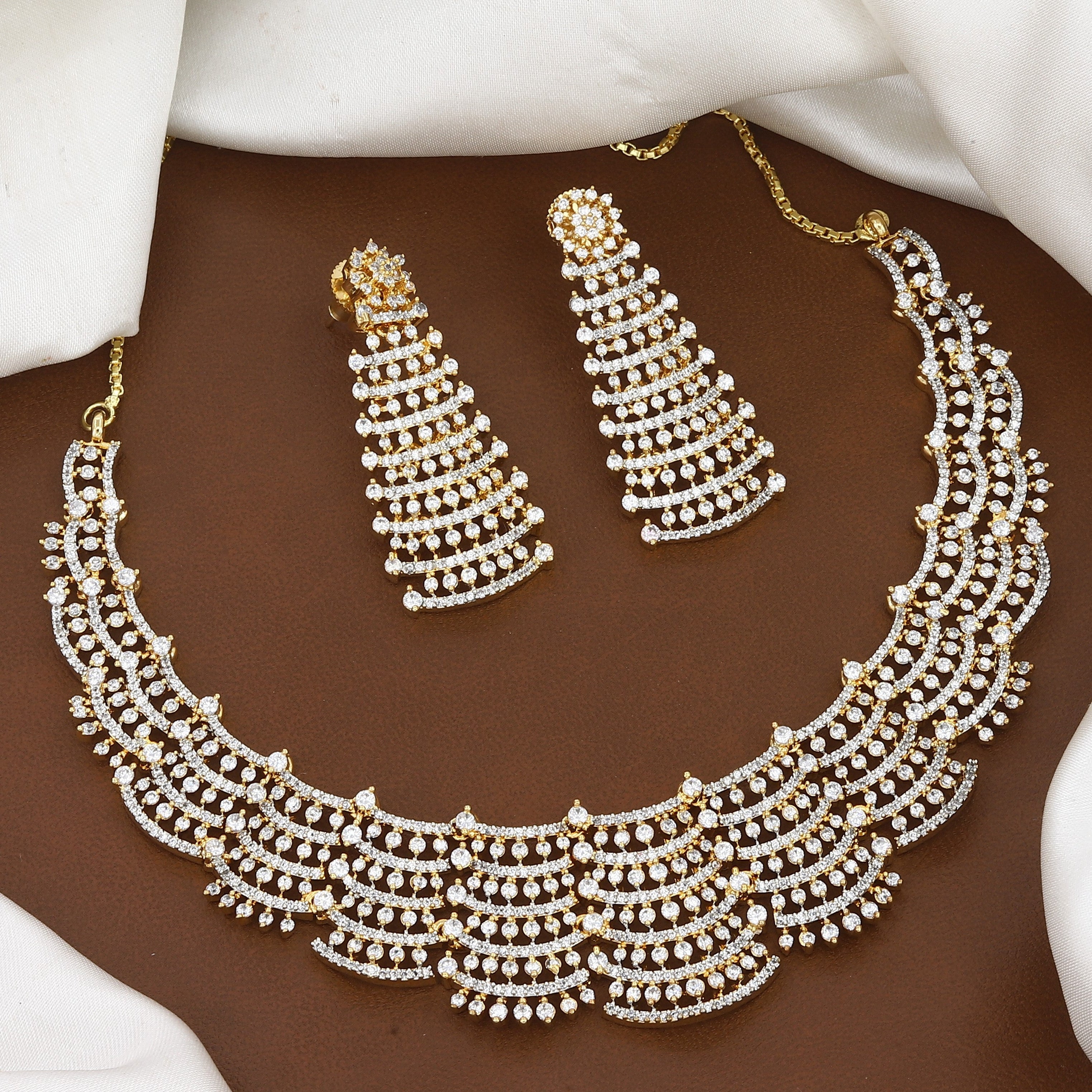 Elegant Gold-Polished American Diamond Necklace Set with Earrings