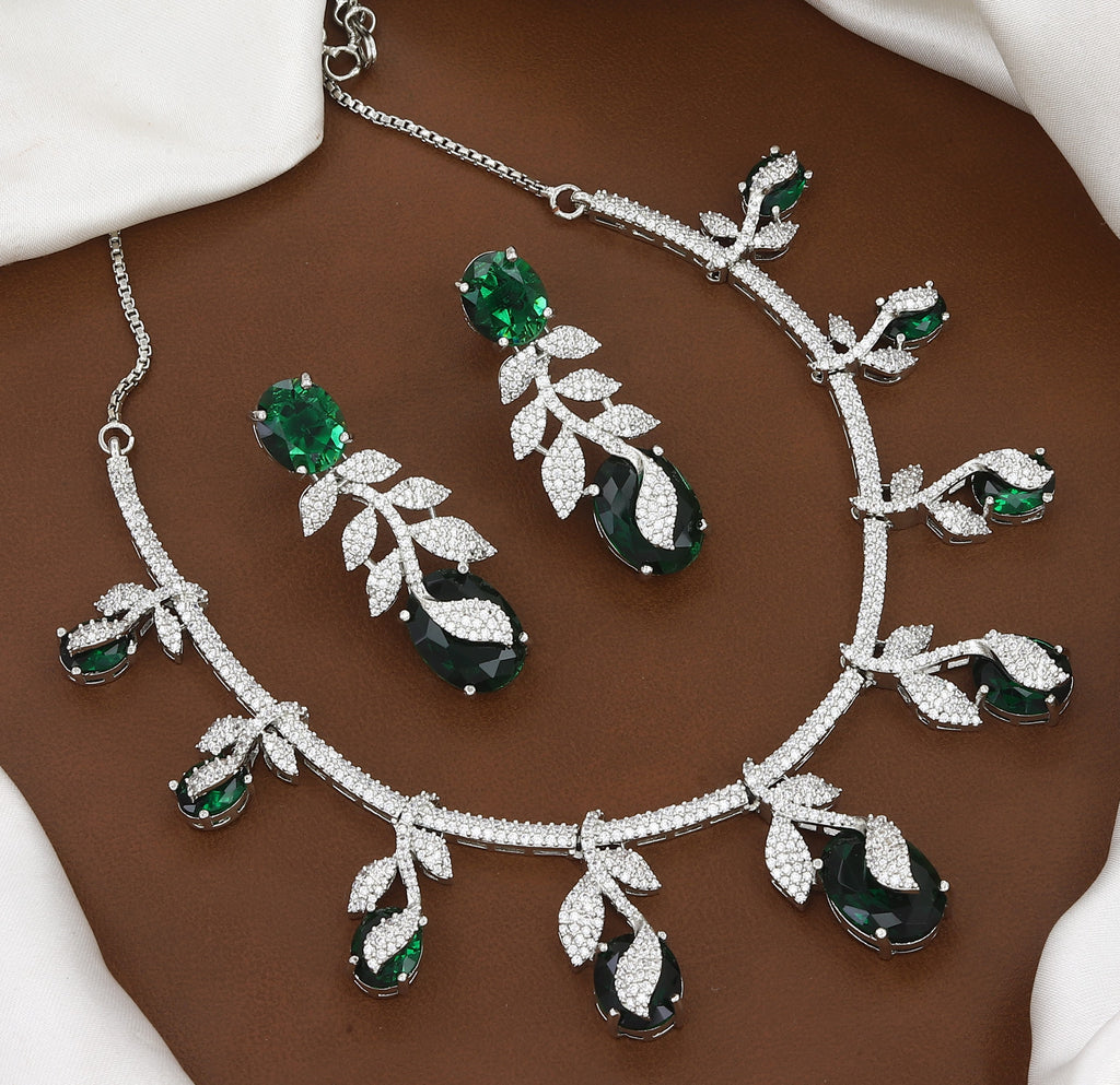 Silver Plated Elegant Emerald & Diamond Necklace Set with Matching Earrings