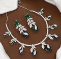 Silver Plated Elegant Emerald & Diamond Necklace Set with Matching Earrings