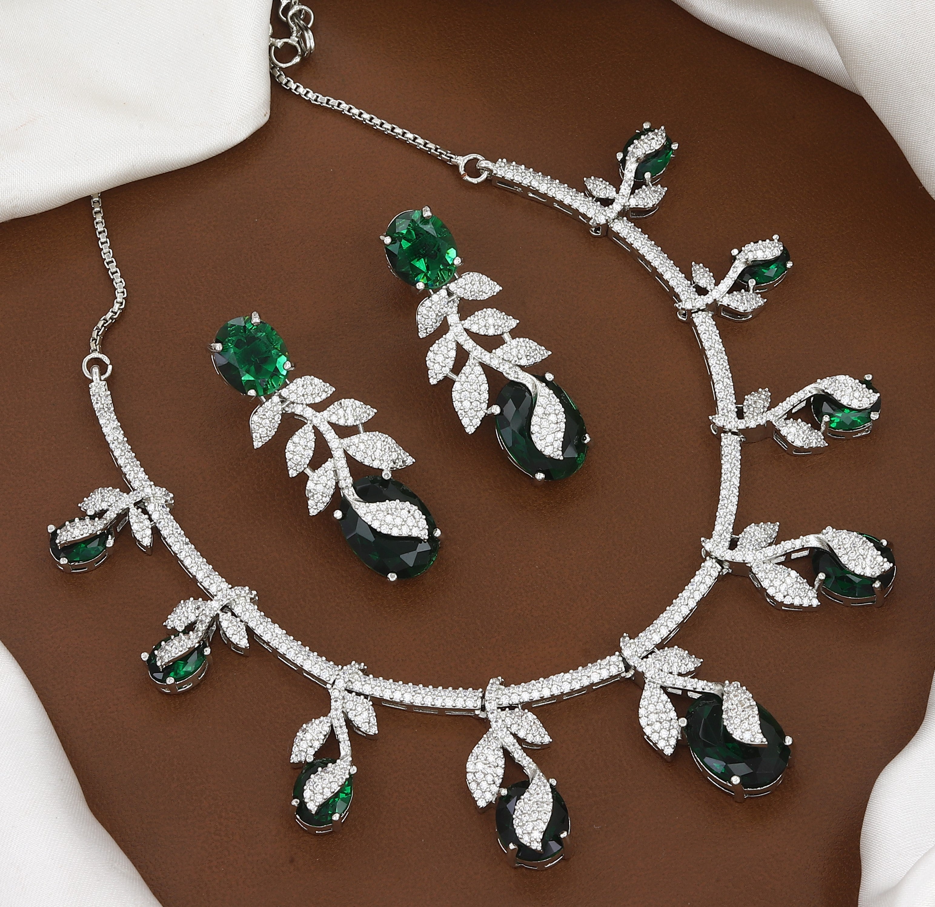Silver Plated Elegant Emerald & Diamond Necklace Set with Matching Earrings
