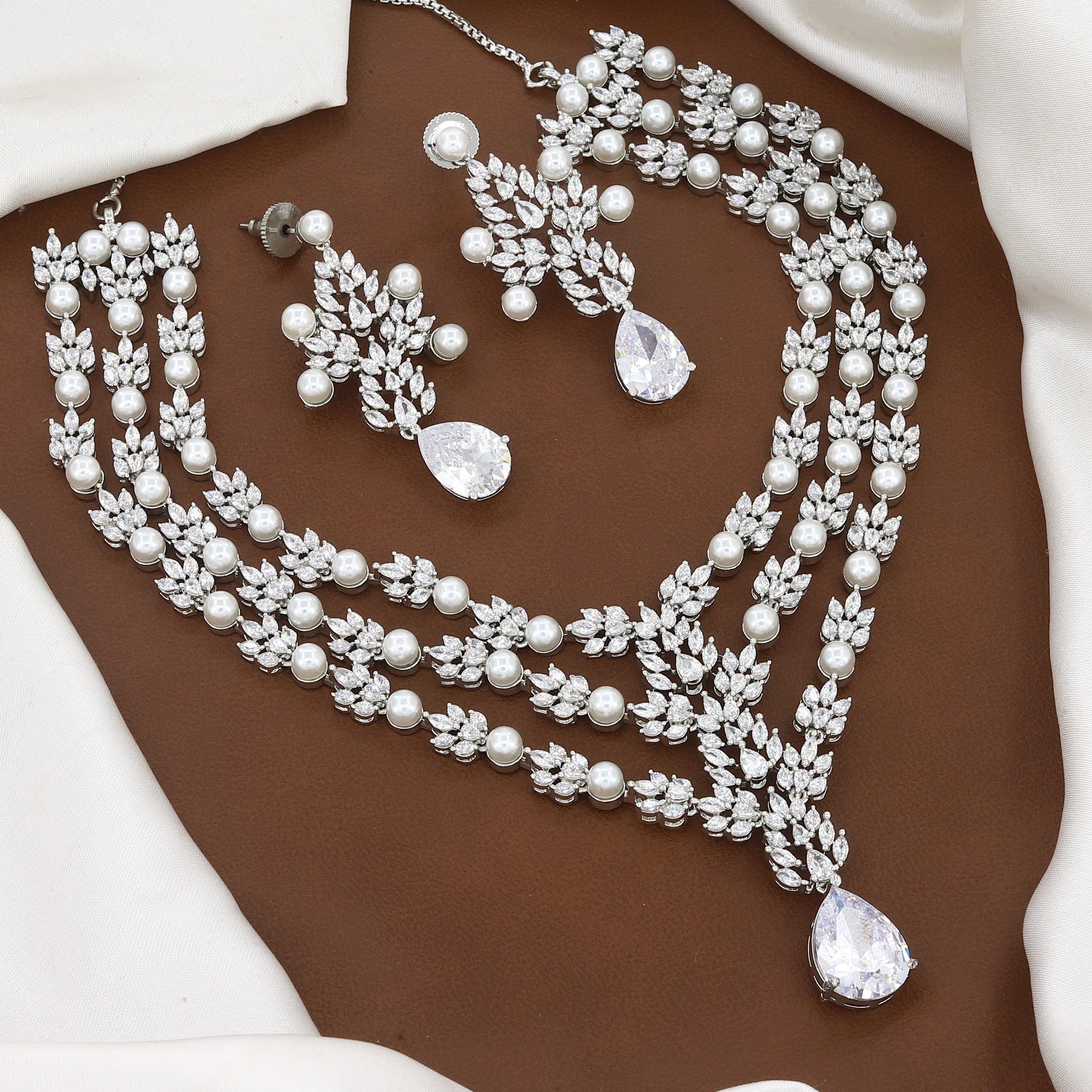Designer Silver-Tone Pearl & Cubic Zirconia Bridal Necklace Set