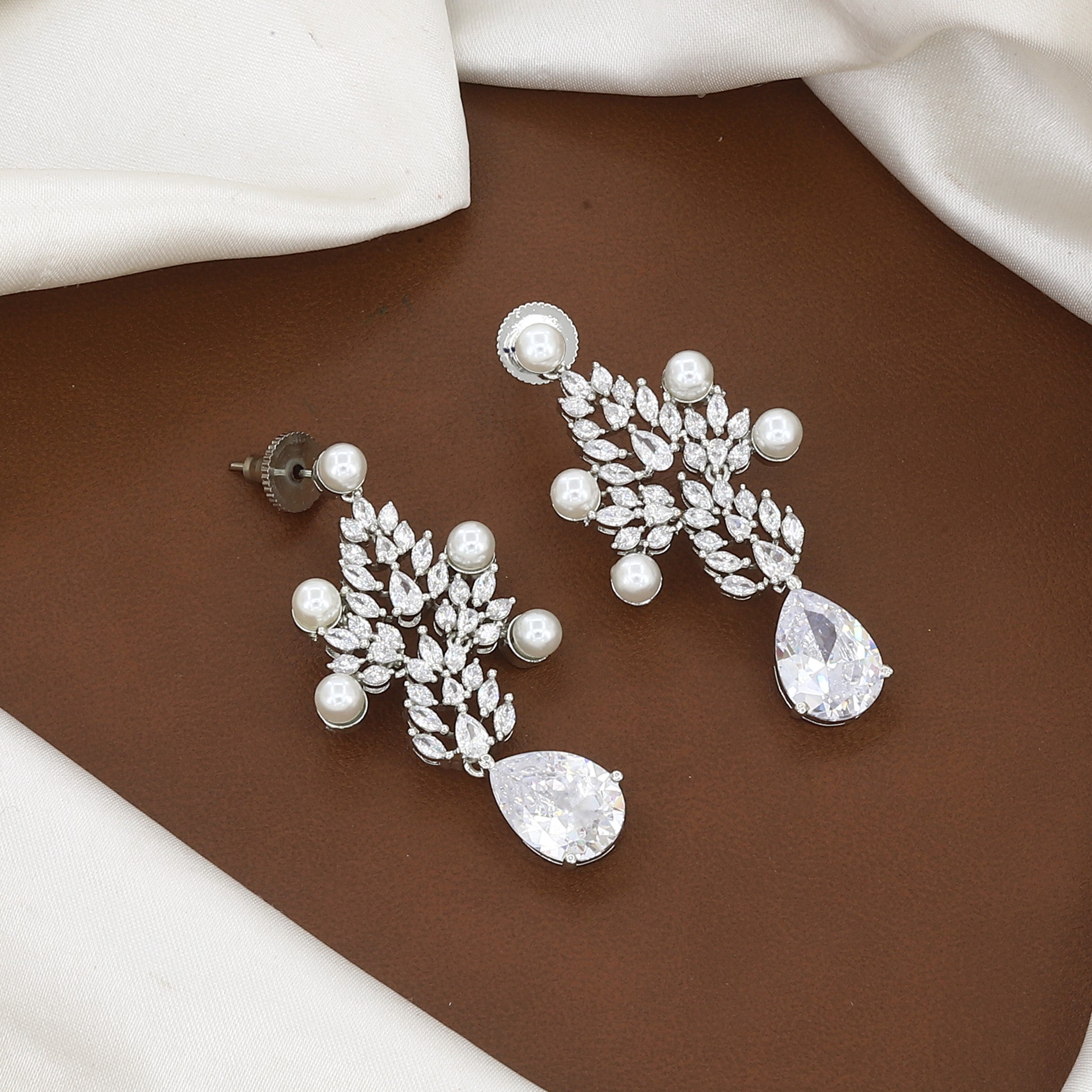 Designer Silver-Tone Pearl & Cubic Zirconia Bridal Necklace Set
