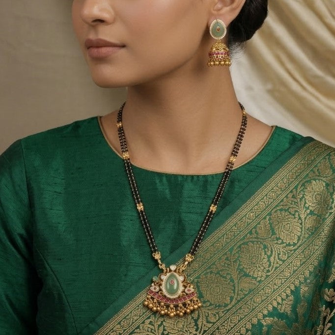 Traditional Green Stone Mangalsutra & Jhumka Earring Set