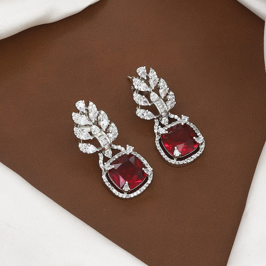 Silver Plated Emerald Stone & CZ Leaf Design Necklace Set with Earrings