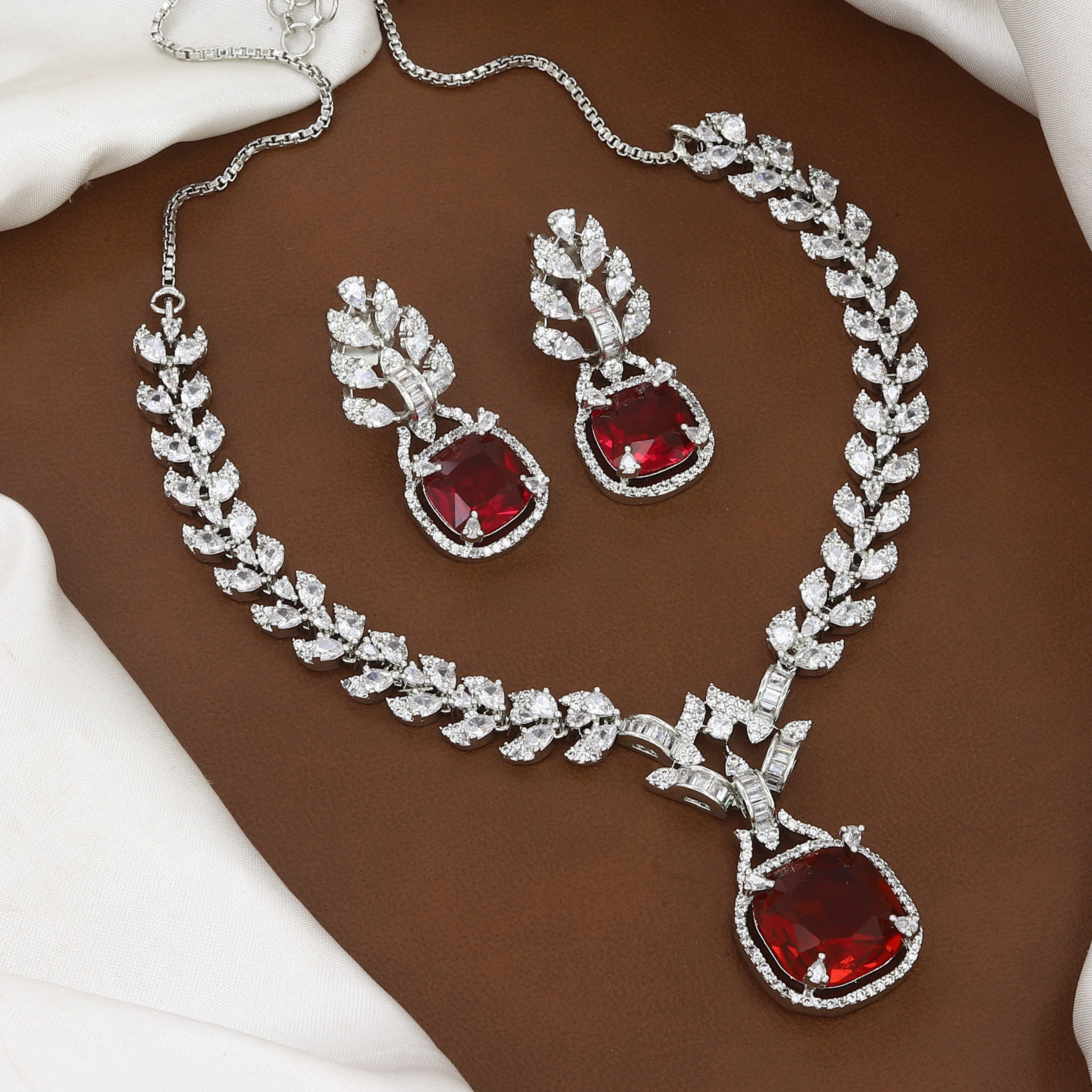 Silver Plated Emerald Stone & CZ Leaf Design Necklace Set with Earrings