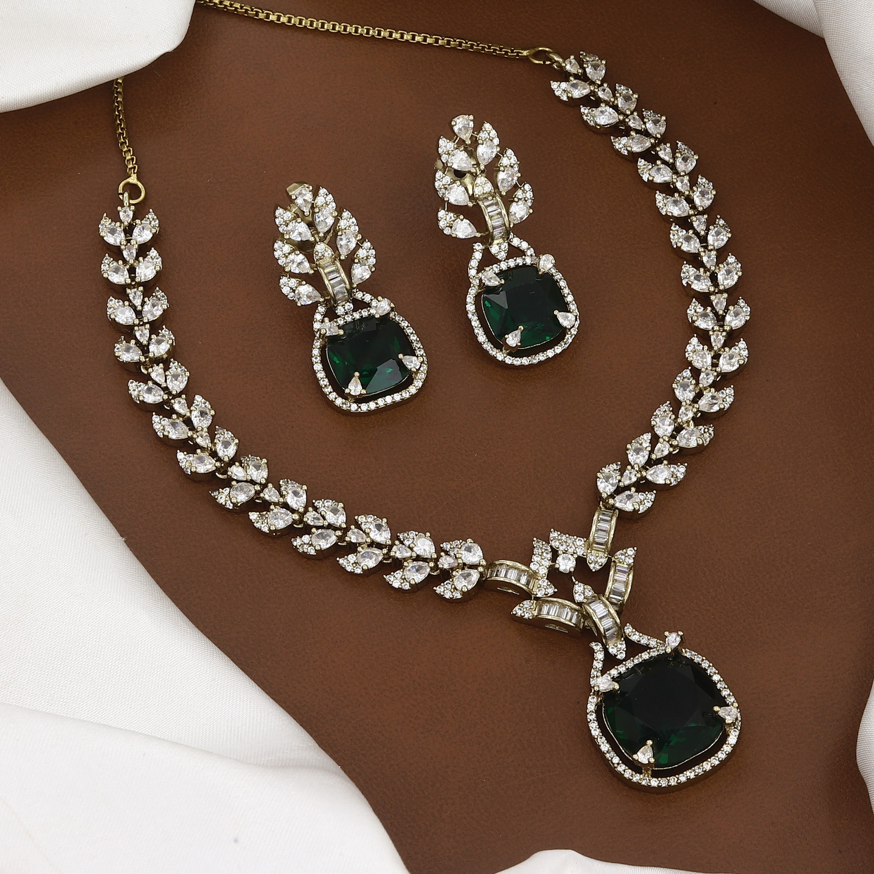 Mehndi Polished Emerald Stone & CZ Leaf Design Necklace Set with Earrings