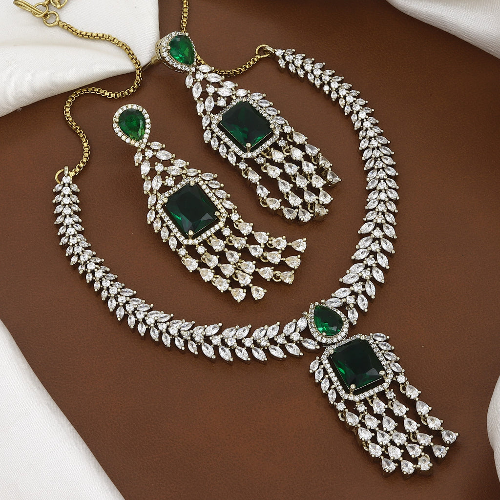 Mehndi Polished American Diamond Necklace Set with Earrings