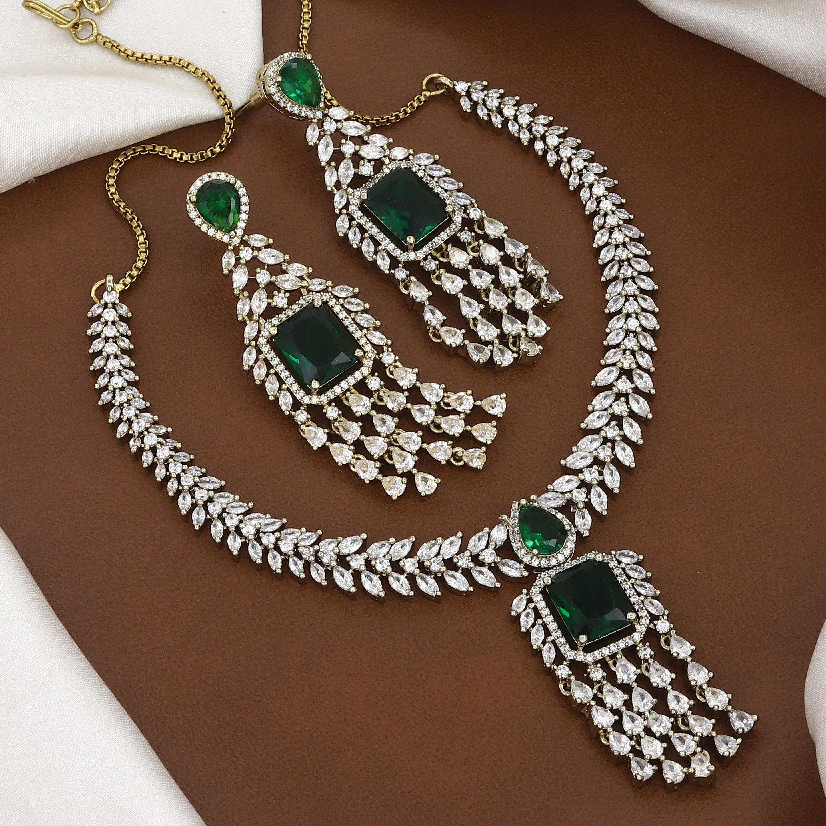 Mehndi Polished American Diamond Necklace Set with Earrings
