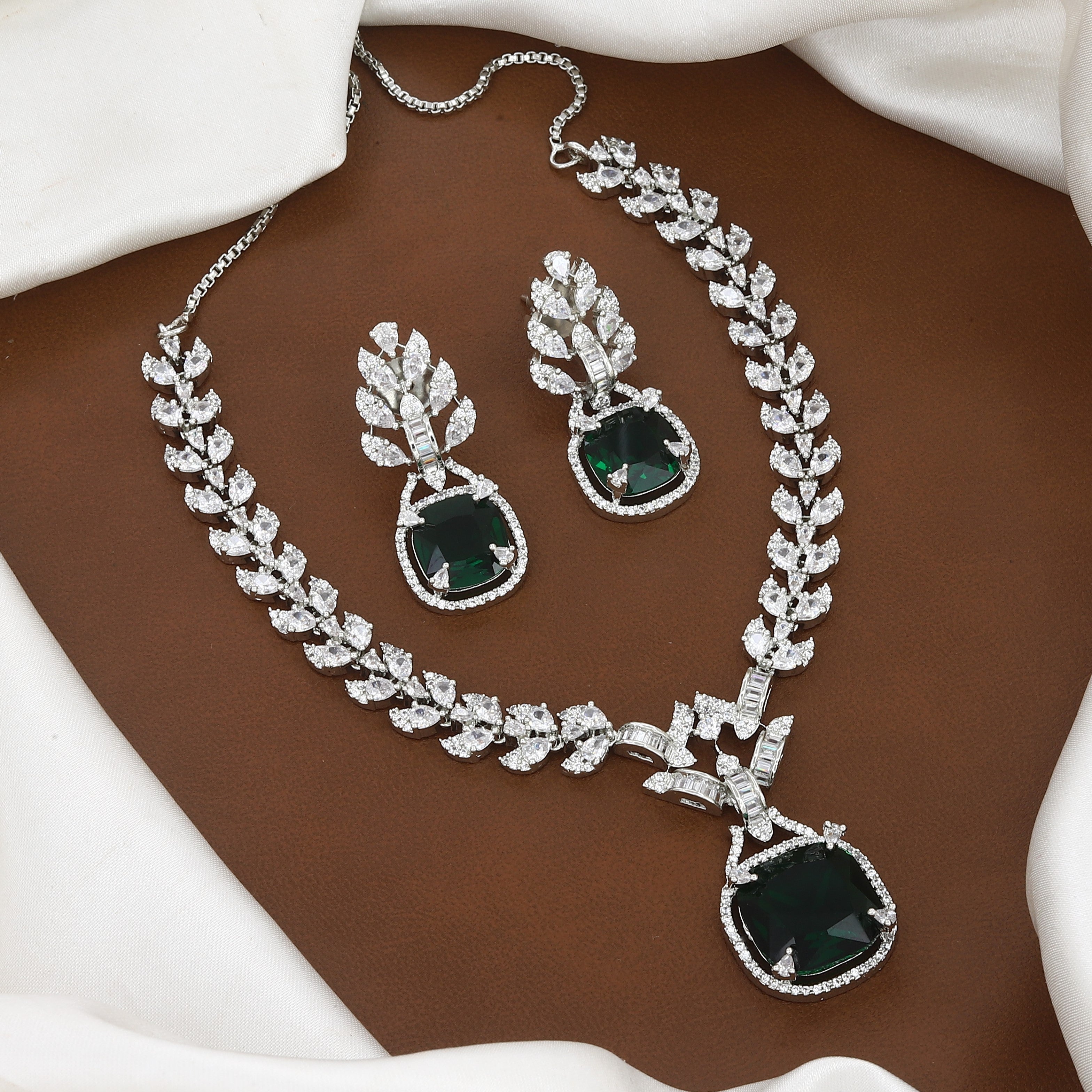 Silver Plated Emerald Stone & CZ Leaf Design Necklace Set with Earrings